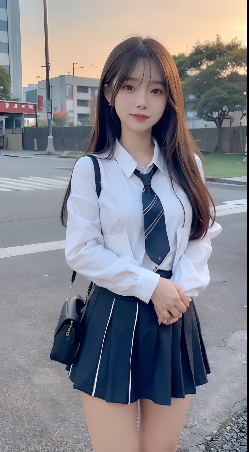 (16 K, Raw photography, Top image quality, ​masterpiece: 1.45), (realisitic, Photorealsitic: 1.37), one girls, cute little, A city scape,, profetional lighting, photon maping, school classrooms, physically-based renderingt, dark brown  hair,pony tail hairstyle, Well-groomed and beautiful eyes、((二重まぶた))、Transcendent Cute Girl, (((student clothes、blazers、Long sleeve shirt worn by Japan high school girl、Ribbon Ties、Dark blue mini skirt,、Dark blue socks、Black loafers))), Top Quality Photos, hight resolution, 1080p, (clearface), (Detailed face description), (Detailed hand description), (​masterpiece), (Exquisite CG)、extreme light and shadows、dishevled hair、master work、abundant detail、(Fine facial features)、(top quality photo)、(masuter piece)、(A detailed eye)、Look in front of you、Fine clavicle、((Slender big))、(((Japan schoolgirls wear jackets and long-sleeved shirts)))、((Neat and clean idol))、((School Gate、school ground、School building in the background))、(Shooting from random perspectives)、(((Anyway cute)))、耳Nipple Ring、A big smile、Drawing the whole body from the knees、Do not draw nasolabial folds、(((Sports bags used by Japan schoolgirls)))、(Big breasts that hang down big:1.2)、Big buttocks with tension、Two arms and two legs、(((from the front side:0.7)))、bare hand、(((Left and right symmetrical eyes)))、Standing Pose、Put your hands on your desk、Do not take the tie out of the jacket、Raise your buttocks:1.5，barebacked:1.5，