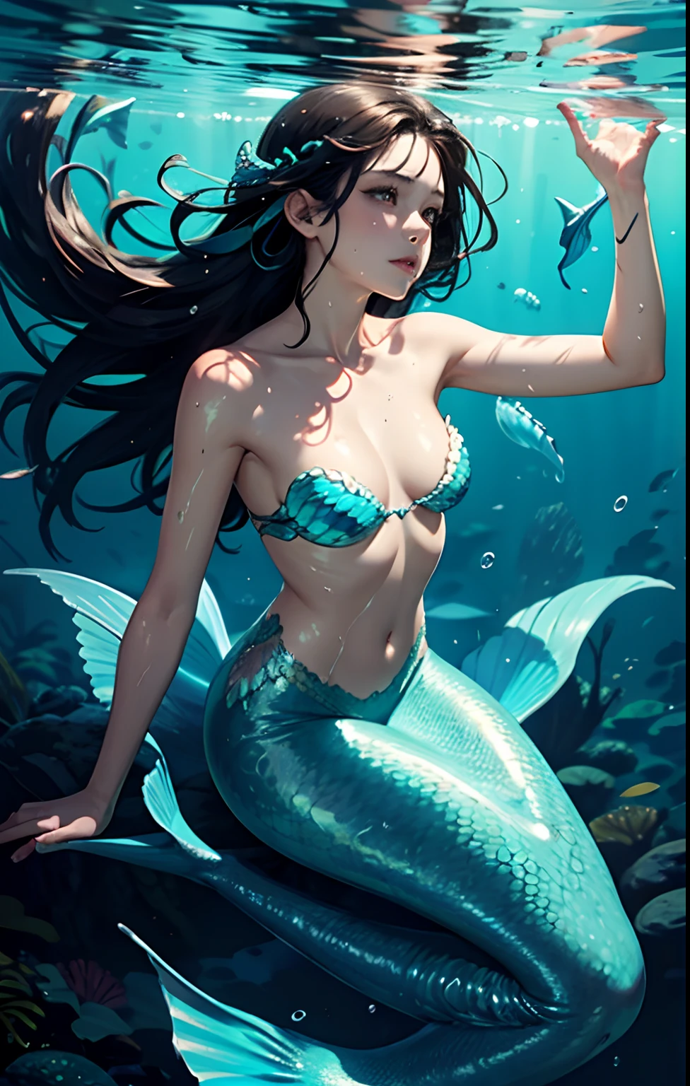 A beautiful girl, underwater, crystal clear waters, mermaid woman, flowing long hair, small braids in hair, dark brown hair, delicate face, wet skin, pronounced feminine features, bust, fair skin, swimming, full body visible, smooth face, scaly arms, scaly neck blue scales, turquoise scales, opal scales, sparking scales, mermaid tail, body in the frame