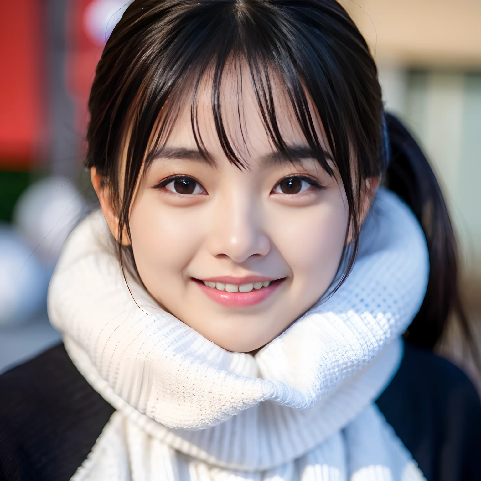 (Best-Quality, Masterpiece, Ultra-High-Resolution, (Photorealistic:1.4), Raw-Photo, Hyper-Detailed), 1girl, (Japanese famous actress), wearing loose sweater, portrait, face focus, (twinkle smile, looking at viewer), ((extremely cute face like a the most popular Japanese actress, amazingly beautiful big black eyes, beautiful black hair, very beautiful white skins)), detailed face, detailed eyes, detailed hair, detailed white skins