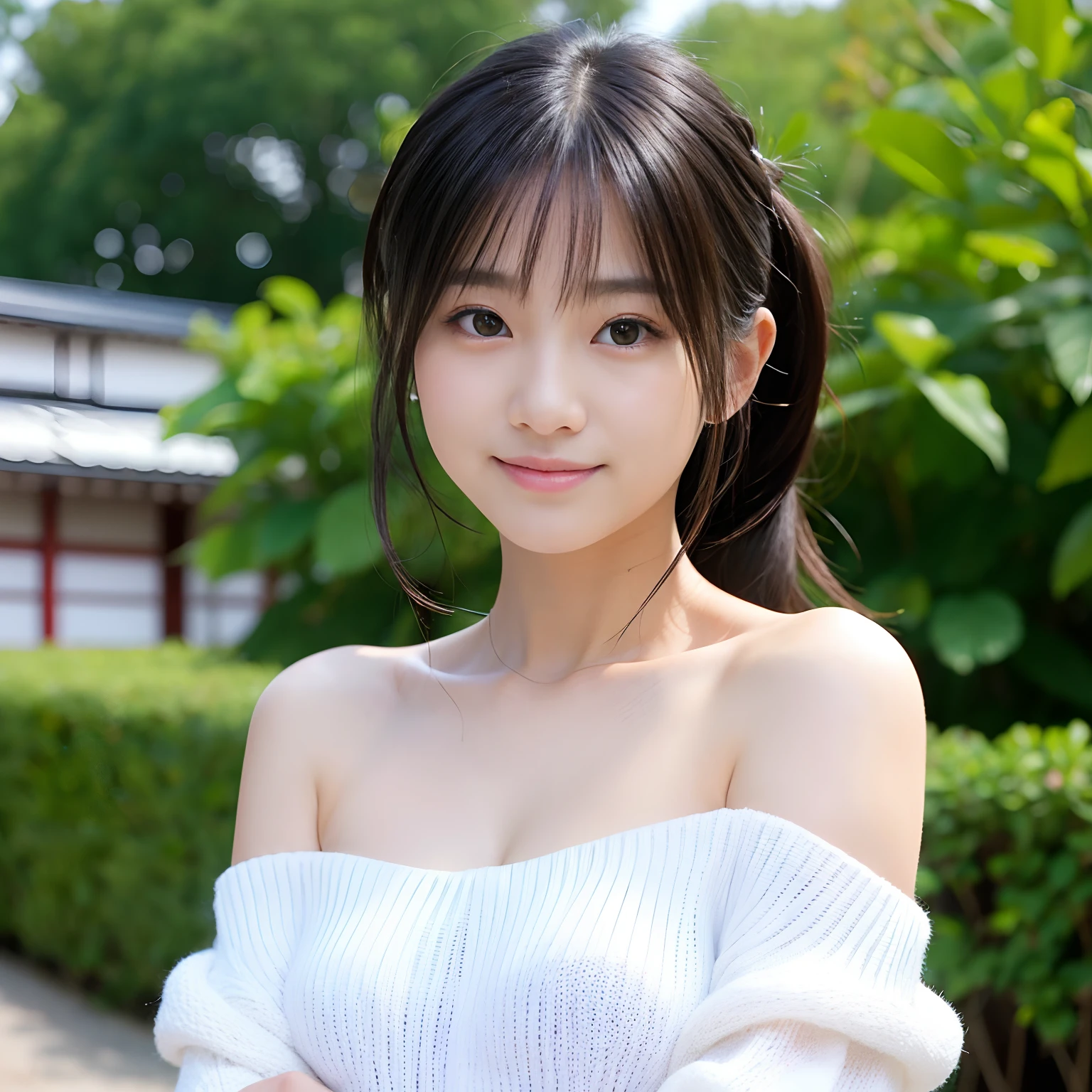 ((Highest quality、8k、masterpiece))、Sharp focus:1.2、((Big smile))、Small fox ears、Cute 17 year old girl with perfect figure:1.4、Slim Abs:1.2、((Dark brown hair))、street:1.2、Highly detailed face and skin texture、fine grain、The chest is exposed、double eyelid、shoulder、Close-up of a woman in a kimono posing for a photo、Japanの女神、Japan人モデル、white、((Small breasts))、Shrine maiden costume、Japan、Drawing attractive anime girls。Cleavage