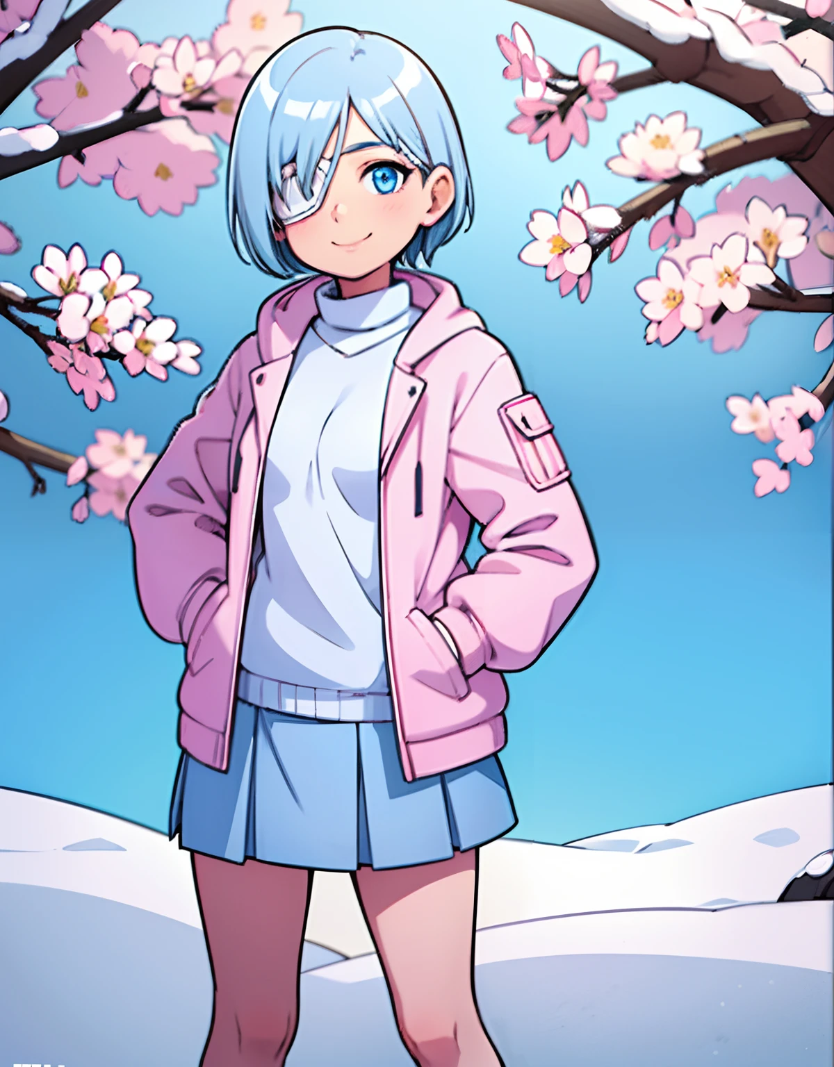 girl, short snow blue hair, small breasts, standing, smile, white medical eyepatch on right eye, pink winter jacket, white winter sweater, gray knee lenght skirt, hands on hips, looking at viewer, outside, near tree, (road:0.6), pov, looking at viewer, facing viewer, perfect eyes, blue eyes, cherry blossom