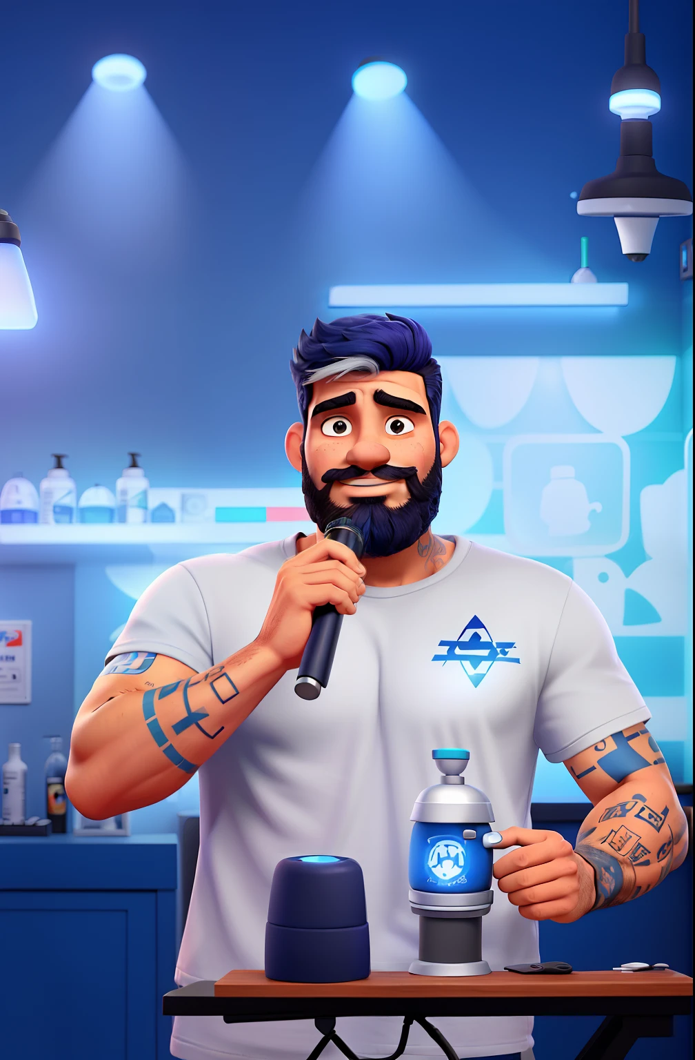 Homem branco, com barba suave, usando uma T Shirt azul claro, Holding a black microphone with his right hand, with a Hebrew writing tattoo on his right forearm, with a hairdresser's scissors tattoo on the left forearm, pregando, with an LED panel behind it, no estilo Disney Pixar.