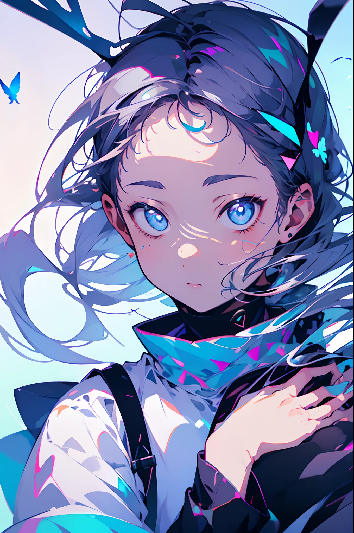 detail, Realism, 4K, Beautuful Women, detail in face, Big blue eyes, Plump lips, Upturned nose, Purple and gray hair, Wearing a light blue dress, The cat in his hands, Blue moonlight background, White butterfly in the foreground, Realistic shooting, depth of fields, Soft front light, Glow, NFFSW ,(zoomout:1.8),(pastelcolor: 1.2), Canon RF 100mm F2.8L 宏 IS USM