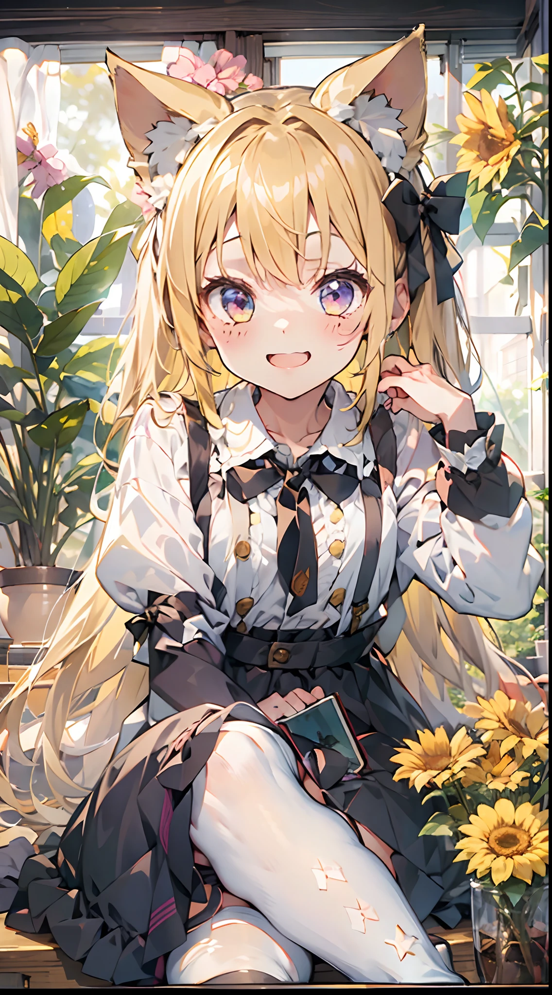 1girl, animal ears, flower, solo, twintails, long hair, cat ears, looking at viewer, long sleeves, dress, smile, purple eyes, window, indoors, animal ear fluff, sitting, bow, sunflower, shirt, white shirt, pinafore dress, black dress, bangs, hair bow, ribbon, blush, plant, potted plant, collared shirt, white pantyhose, very long hair, yellow flower, blonde hair, black bow, closed mouth, vase, hand between legs, curtains, between legs, socks, cat girl, hair ribbon, puffy long sleeves, puffy sleeves kahuka1
