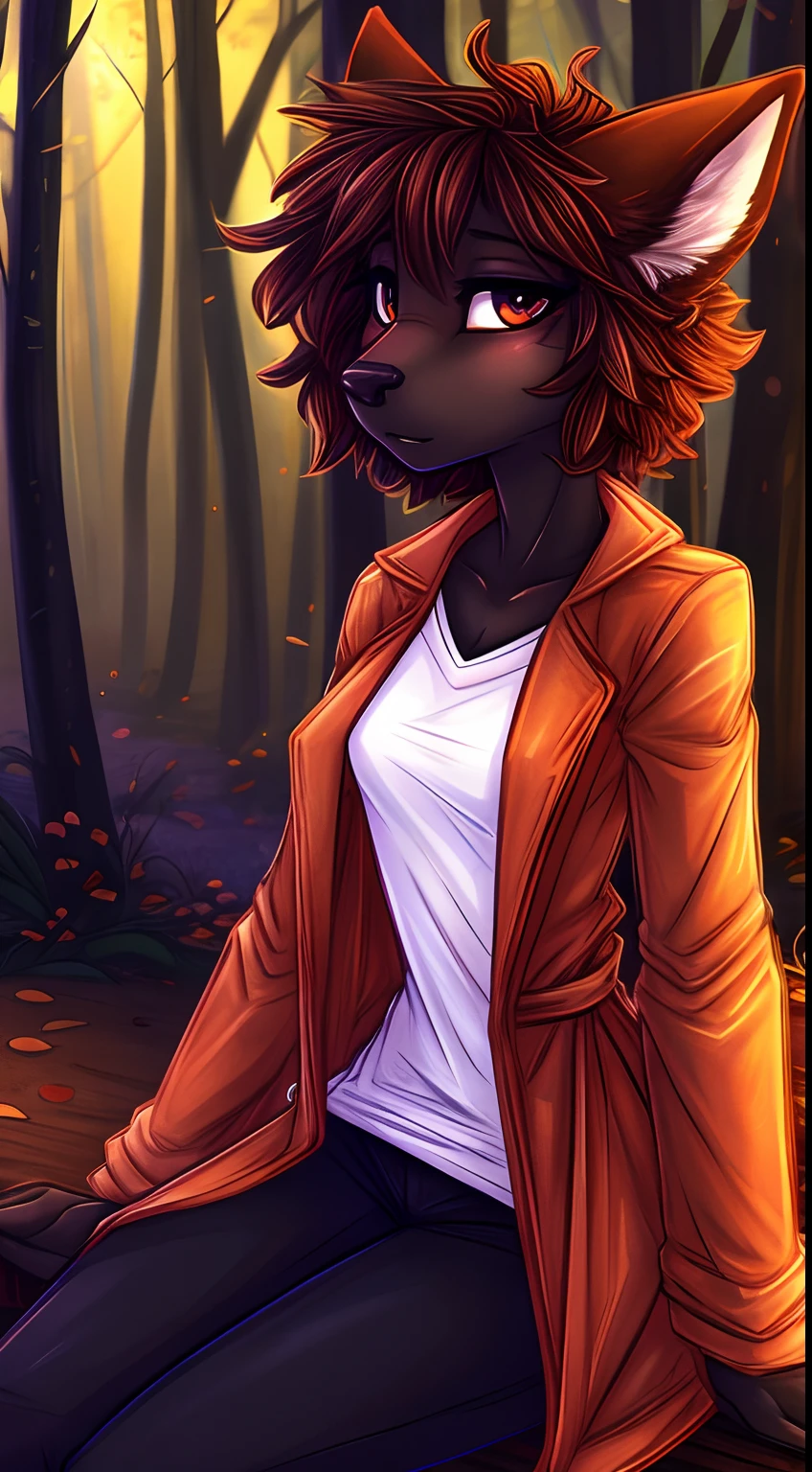 Vixen,1woman,masterpiece,best quality,shy,reserved,black skin,fur with orange strokes,thin,small breasts,tall,skinny,art style by dimwitdog,sitting in the forest,dusk,brown dark hair, short hair, face closeup, messy hair, looking at viewer,shy,detailed,,beautiful details,thorn clothes,red colored trench coat, white t-shirt, black pants,feral legs,