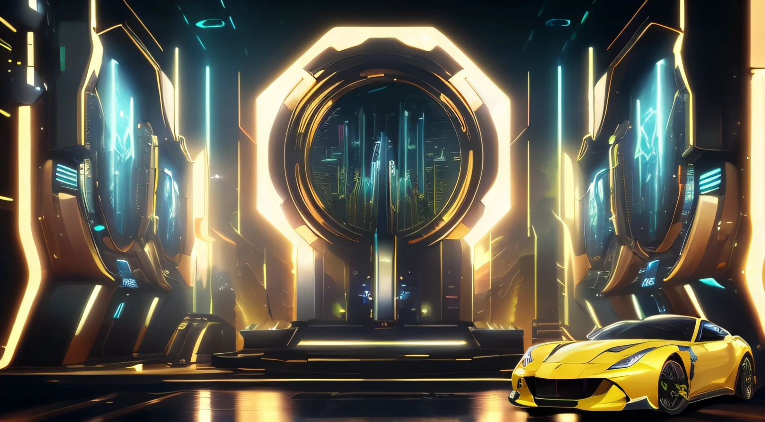 A yellow sports car is parked in front of the stage，Stage set, Futuristic setting, surreal sci fi set design, futuristic casino, 8 K high detail concept art, concept art 8 k, 8 k concept art, concept design art octane render, 8k concept art, cgsociety award, metaverse concept art, nvidia ray tracing, 8 k cg render