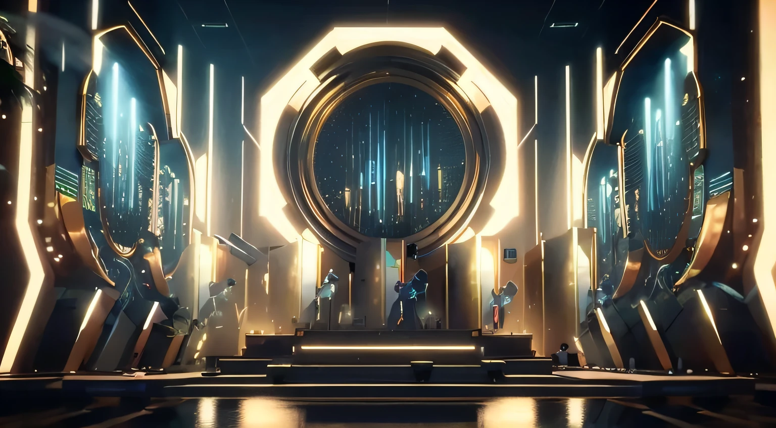 Close-up of the stage with stage and lighting, surreal sci fi set design, Futuristic setting, cgsociety award, futuristic casino, futuristic environment, art deco sci fi, futuristic decor, award winning concept artist, tron legacy setting, futuristic hall, futuristic art style, Cinematic. art-deco, detailed sci - fi backgrounds, cgsociety award, award winning cgi