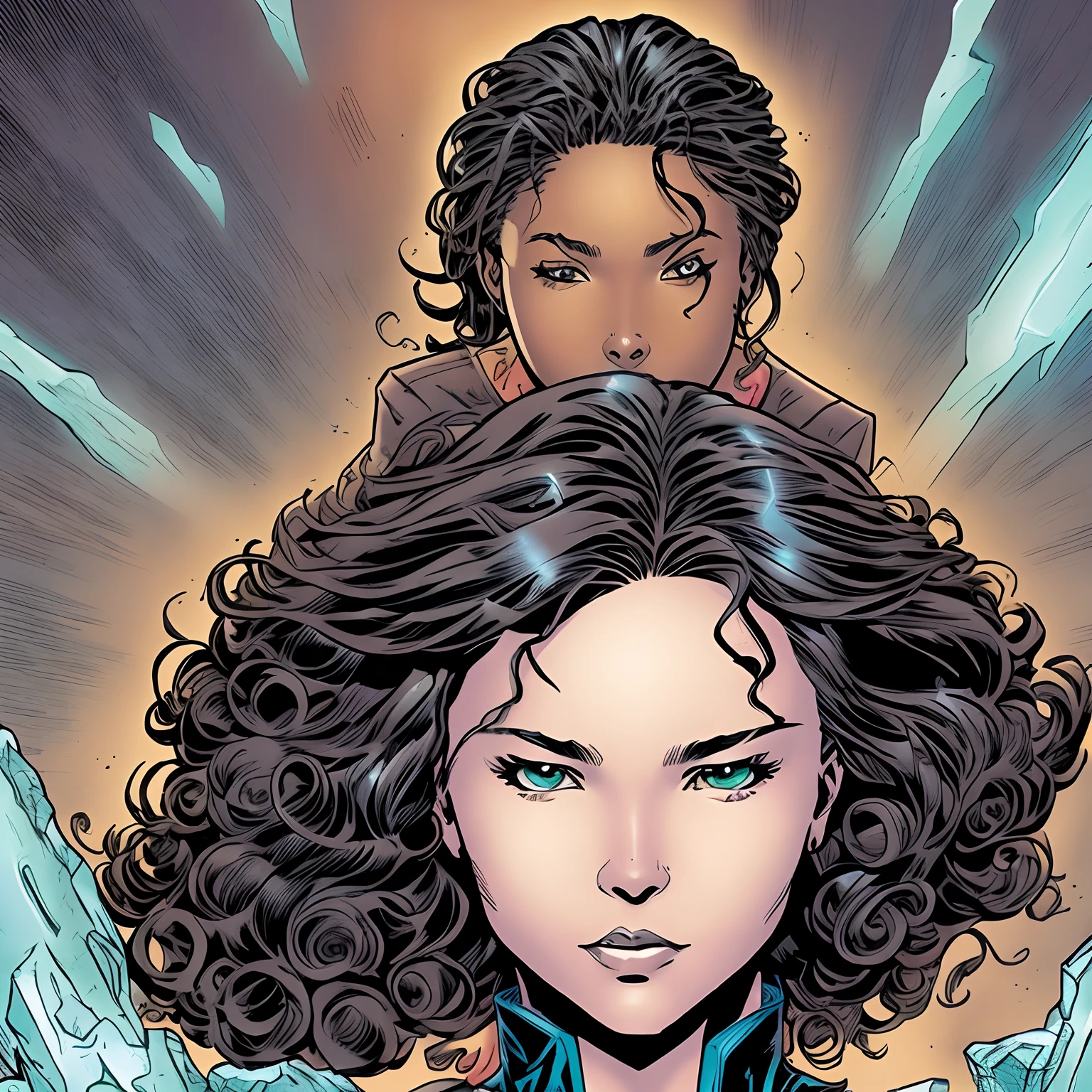 Marvel comic panel, brown skin teenage girl 3b curls and green eyes with ice powers