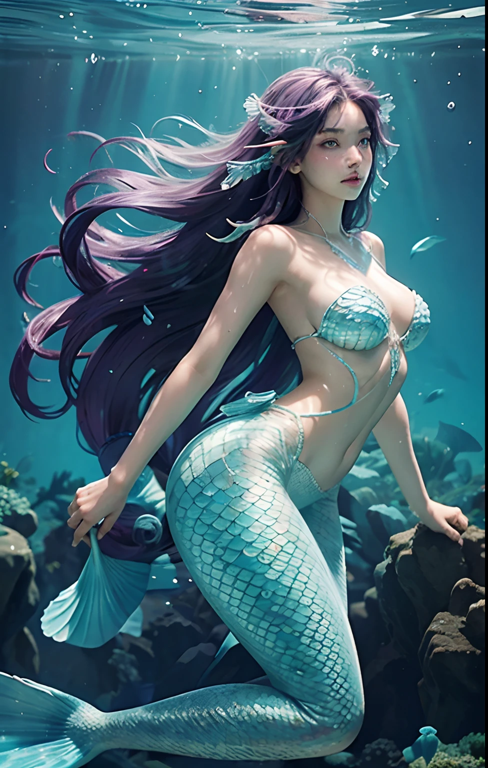 A beautiful girl, underwater, crystal clear waters, mermaid woman, flowing long hair, black and purple hair, delicate face, wet skin, pronounced feminine features, bust, fair skin, swimming, full body visible, smooth face, scaly arms, scaly neck, webbed ears, blue scales, turquoise scales, body in the frame