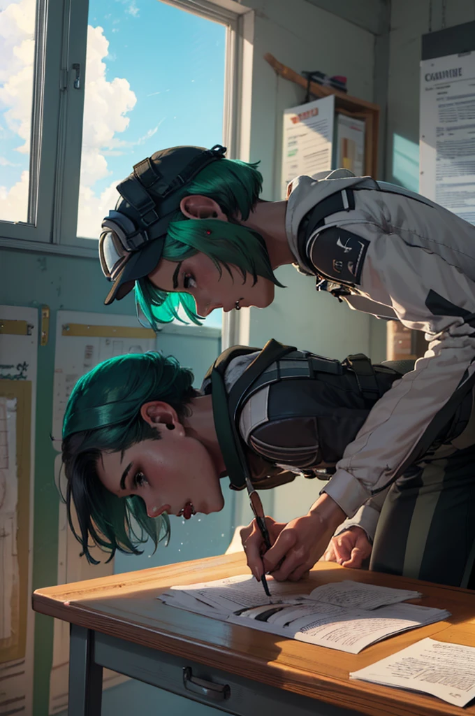 (masterpiece:1.2), (best quality:1.2), 1girl, 1boy, penis, bent over on the table, orgasm facial expression, dripping saliva, bent over, vaginal, creampie, view from side, grabbing, in the classroom, pencils on the table, books on the table, (realistic: 1.2), UHD, dramatic shadows, lighting global, high contrast, ela_(rainbow_six_siege), masterpiece, best quality, 1girl, solo, green hair, realistic, short hair, (insanely detailed, beautiful detailed face, beautiful detailed eyes, masterpiece, best quality)