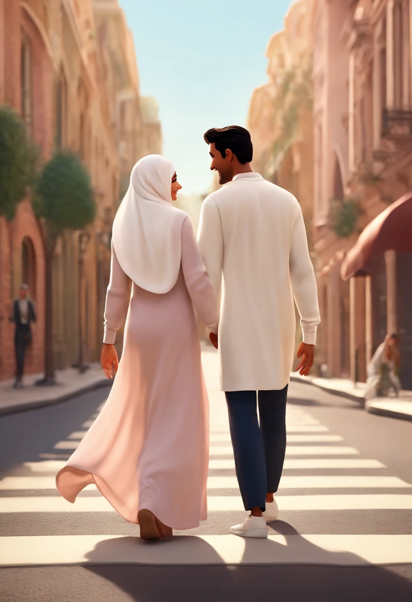 Disney pixar poster, couple of a hijab girl wearing white long dress and soft brown hijab and soft pink hight heels on her feet, with a black hair boy wearing white long shirt and long cream pants and white sneakers, holding hands,walking across the road on zebra cross in a heritage city, they are laughing together, 3D animations,Pixar, (best quality)(8k)