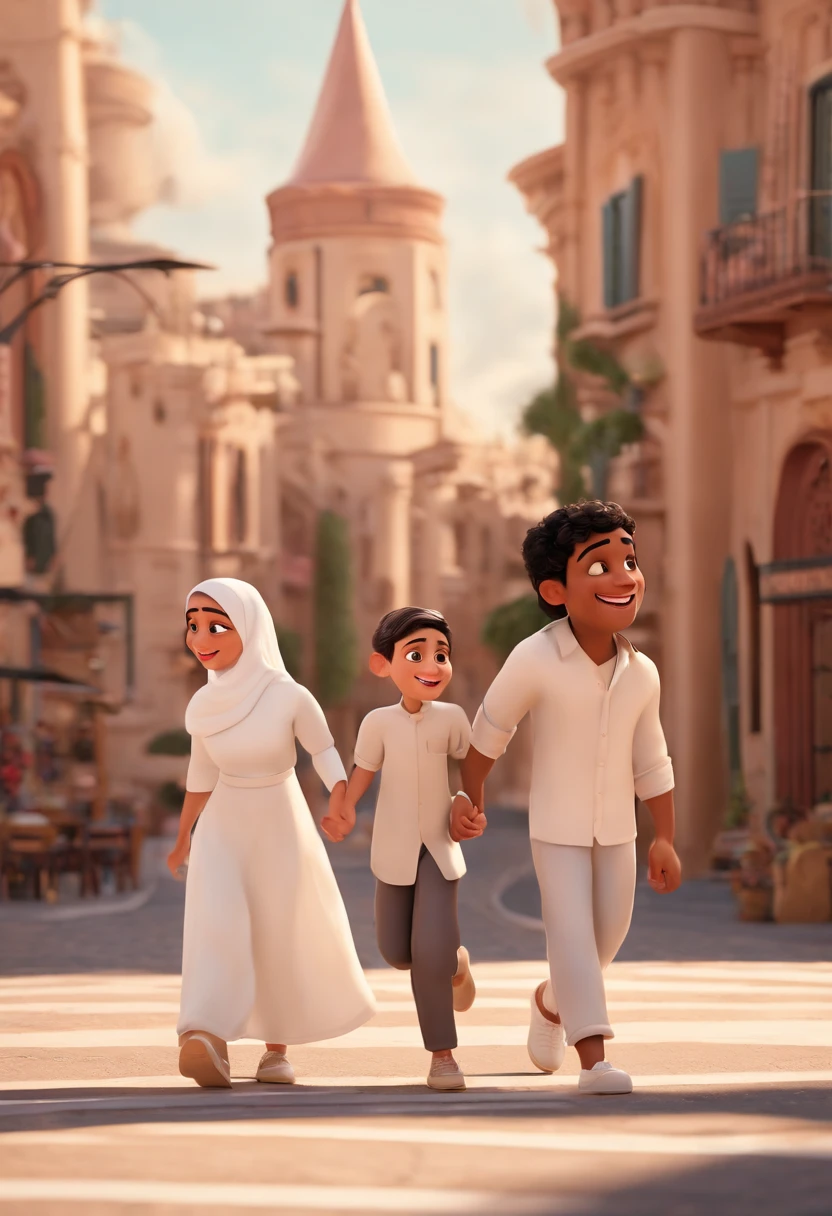 Estilo Pixar: Mom age 37using hijab ,Dad age 38, 2 twins age 5 ,one sister age 9 ,with a litlle cat ,3D Poster,Disney