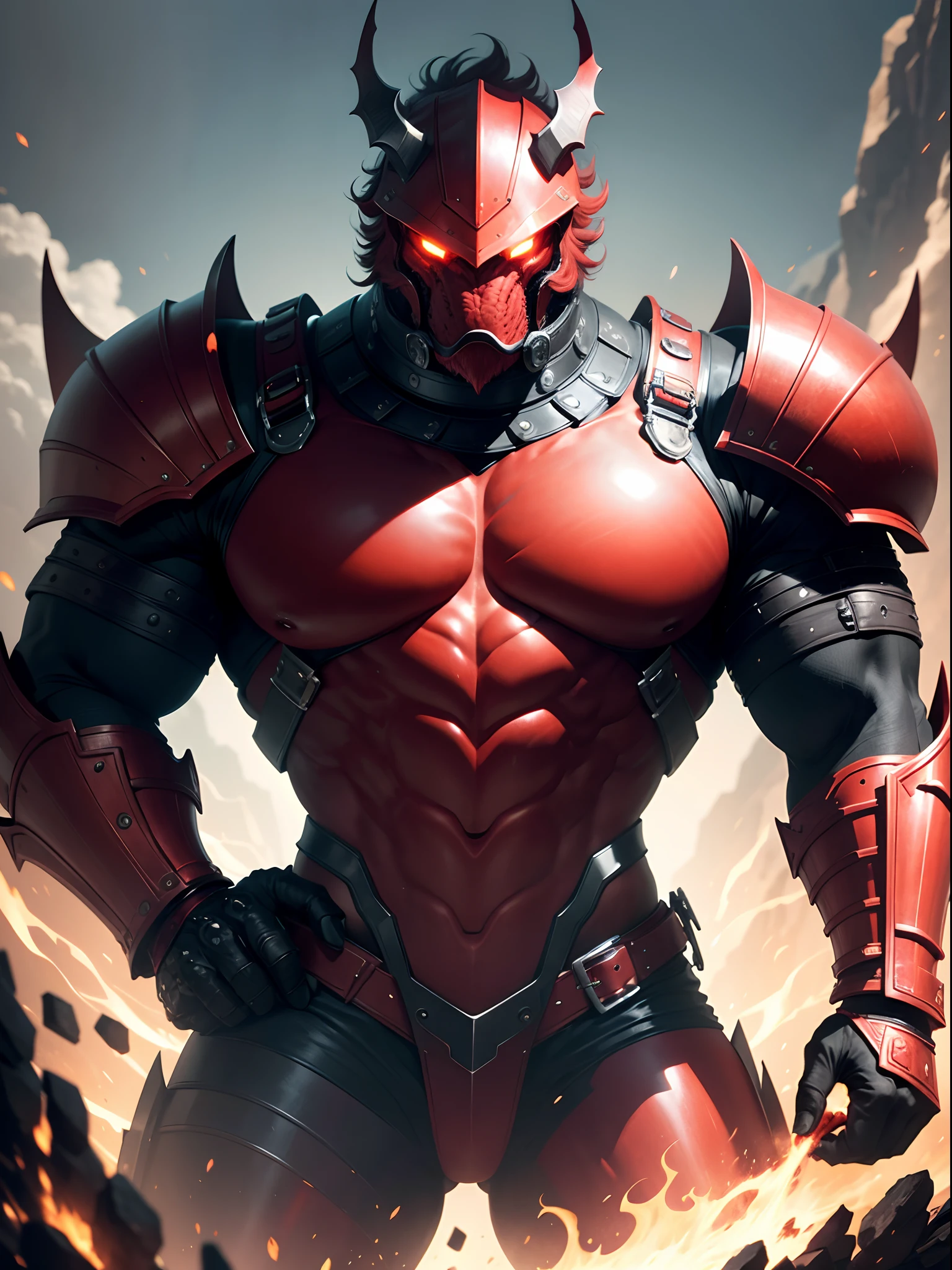 large red male behemoth creature with a mirrored helmet consisting of six "eyes" with a matching black steel collar. If one is to look closely, a glimpse of its mouth may be caught on some occasions. Most of his body is covered in large black armor pieces, gauntlets, and shoulder pads over his red skin, with numerous loose cables sticking out of his back.