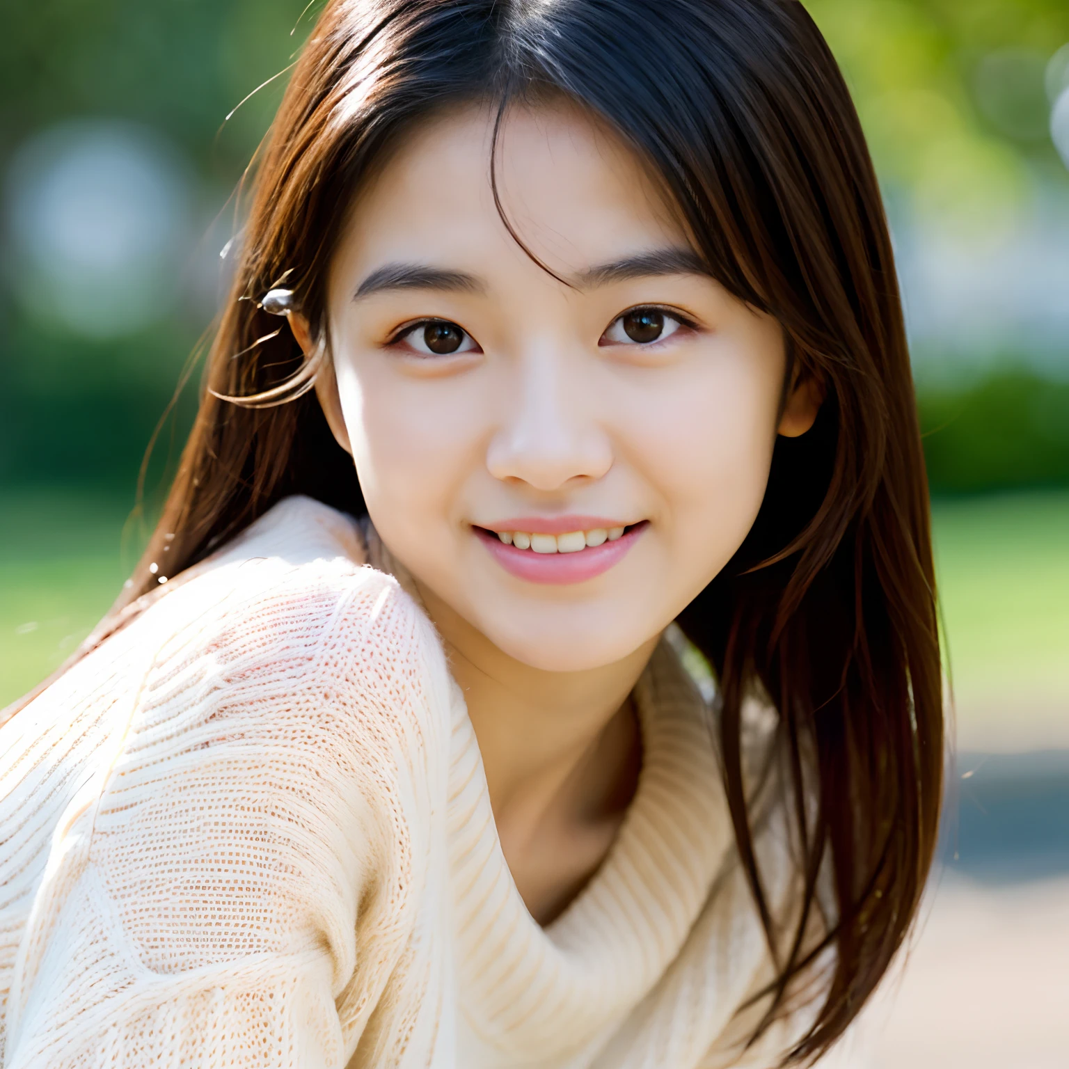 Best-Quality, Masterpiece, Ultra-High-Resolution, (Photorealistic:1.4), Raw-Photo, Hyper-Detailed, 1girl, 20-years-old, Japanese famous actress, wearing loose sweater, portrait, face focus, twinkle smile, looking at viewer, extremely cute face like a the most popular Japanese actress, amazingly beautiful big black eyes, beautiful black hair, very beautiful white skins, detailed face, detailed eyes, detailed hair, detailed white skins