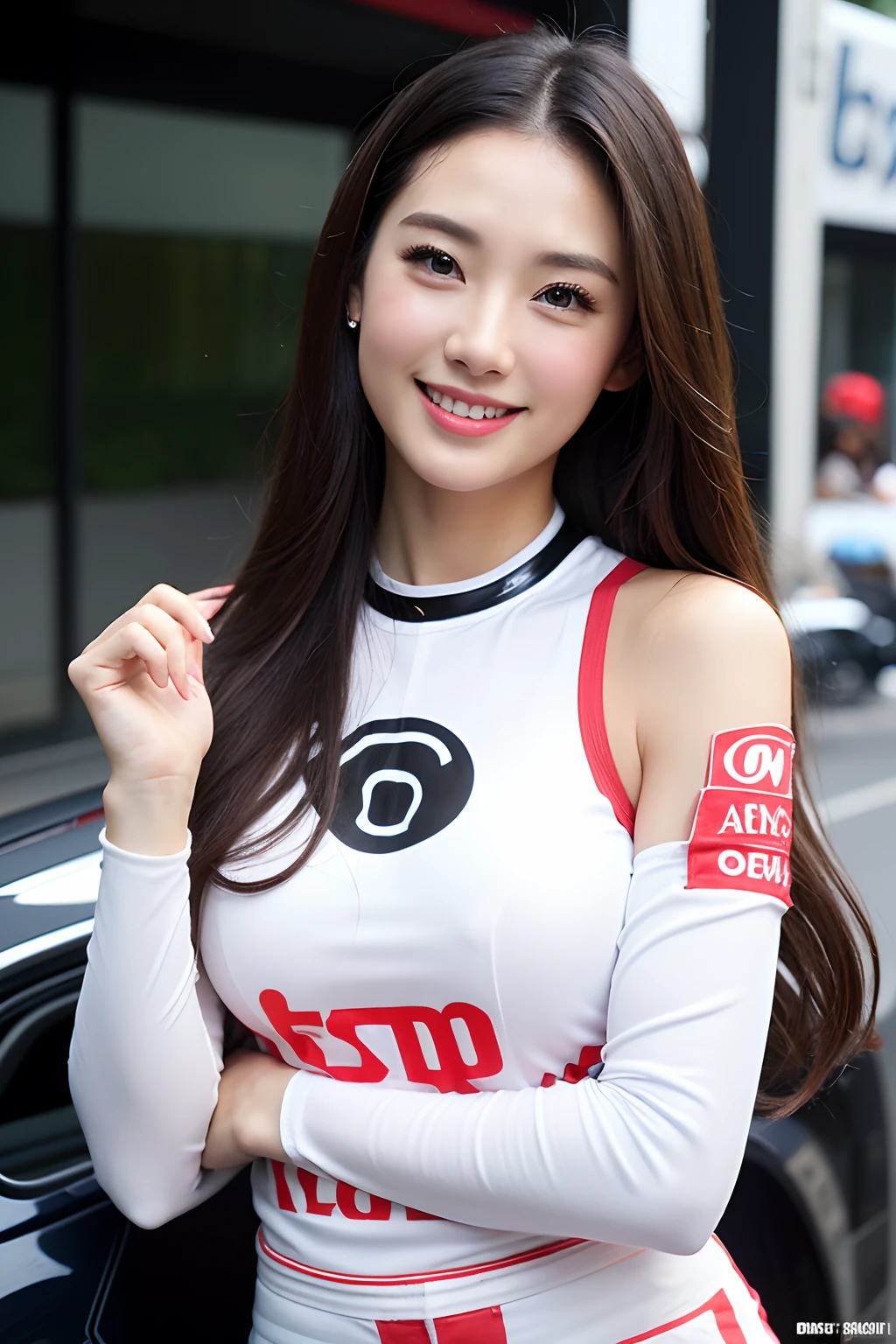 (extra detailed body、extra detailed face、best qualtiy:1.2)、femele、looking at the viewers、(a smile、Race Queen、Grid Girl、The most beautiful woman in the world)、(Car Racing Venues)