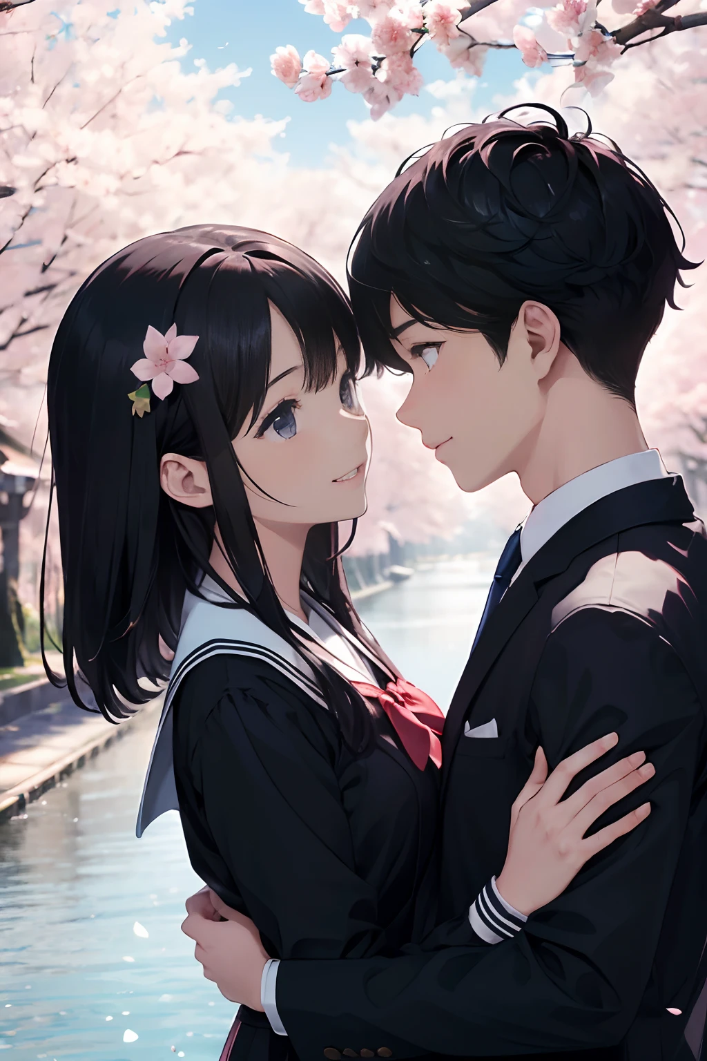 Cherry blossom trees are in full bloom on both sides of the river，Blue skies，Cherry blossoms fly in the sky，The boy looked at the girl affectionately，Look at each other，Open your eyes，Black color hair，Japanese-style school uniform，We know that our love is the best, Because we are in each other's arms, When stars come out to play.