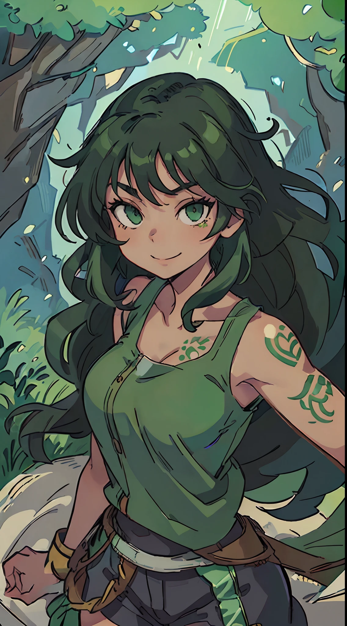 black girl, green hair, anime, 2d, green eyes, confident look, confident smile, strong arms, green tattoos on her face, beautiful eyes, brown skin, respectable woman, forest lover,Long hair, curly hair, very detailed,