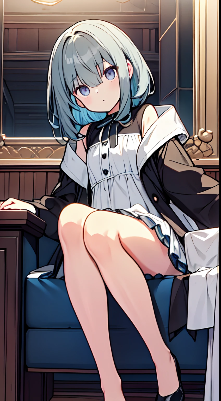 master piece, top-quality、Best Quality,32K、ultra-detailliert、Wallpaper, ultra -detail, Absurd beauty, 1beautiful girl、Big crisp eyes、Slender legs、Make your head smaller、:O、Angle looking up from below:1.2、♡♡♡、(Seated Pose)、thighs thighs thighs thighs、Medium short hair、inside in room