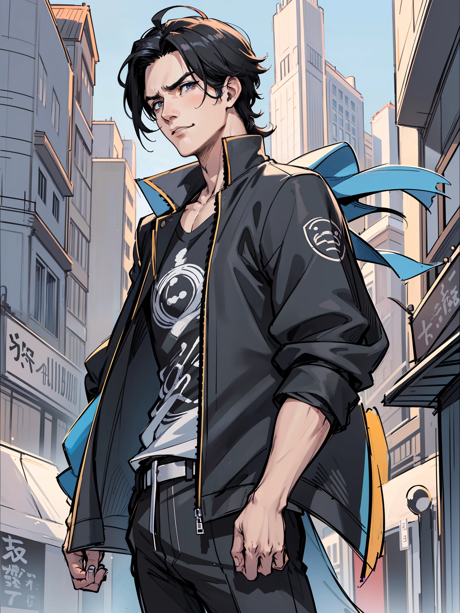 ultra detail,haigh quality,sketch,1boy,mature male,beautiful face,(black center parting hair:1.3),handsome male,pearl skin,black T shirts,drooping eyes,city street,dynamic angle,blue stadium jacket,japan anime,genshin,