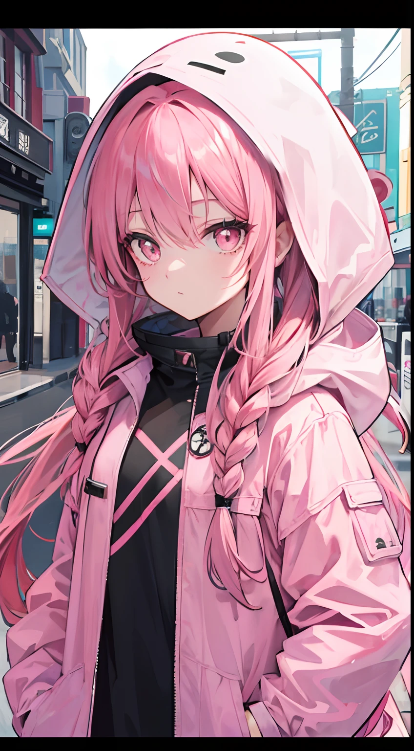 Braided long pink hair,Pink eyes,parka