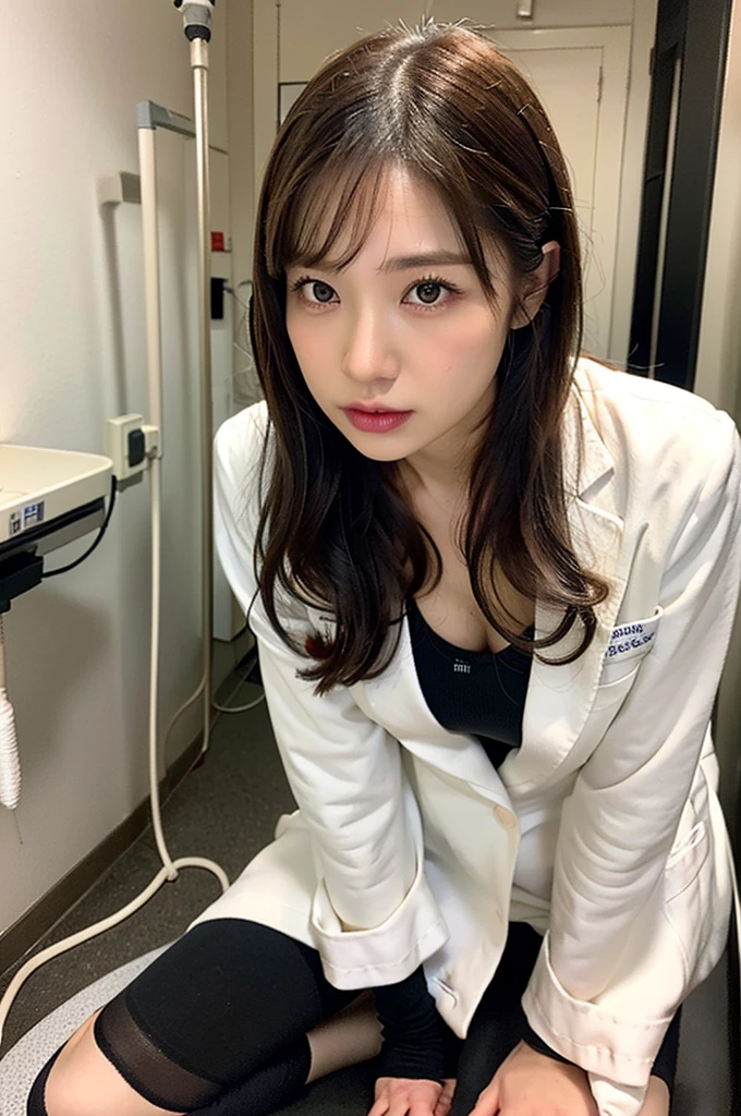 8K, nffsw, (hyper real:1.4),1 female, (super beautiful), (beauty:1.5), doctor, (clothing:1.3), (doctor&#39;s white coat:1.5), white shirt, (mini skirt:1.3 ), Sitting in a chair in the exam room, (Stethoscope), smile, Lipstick, whole bodyキャプチャ, whole body, spread your legs wide, spread your legs, looking at camera, fine eyes, Beautiful and large breasts:1.4),(細かい顔の特徴は非常に複雑inす, exquisitely detailed), (film grain, Fujifilm XT3), highly detailed eyes and face, 美しくfine eyes,Rimless glasses、前髪in額を隠す、 light shines on your face, cinematic lighting ((look up_in_one more)), 1 girl, 一人in,
