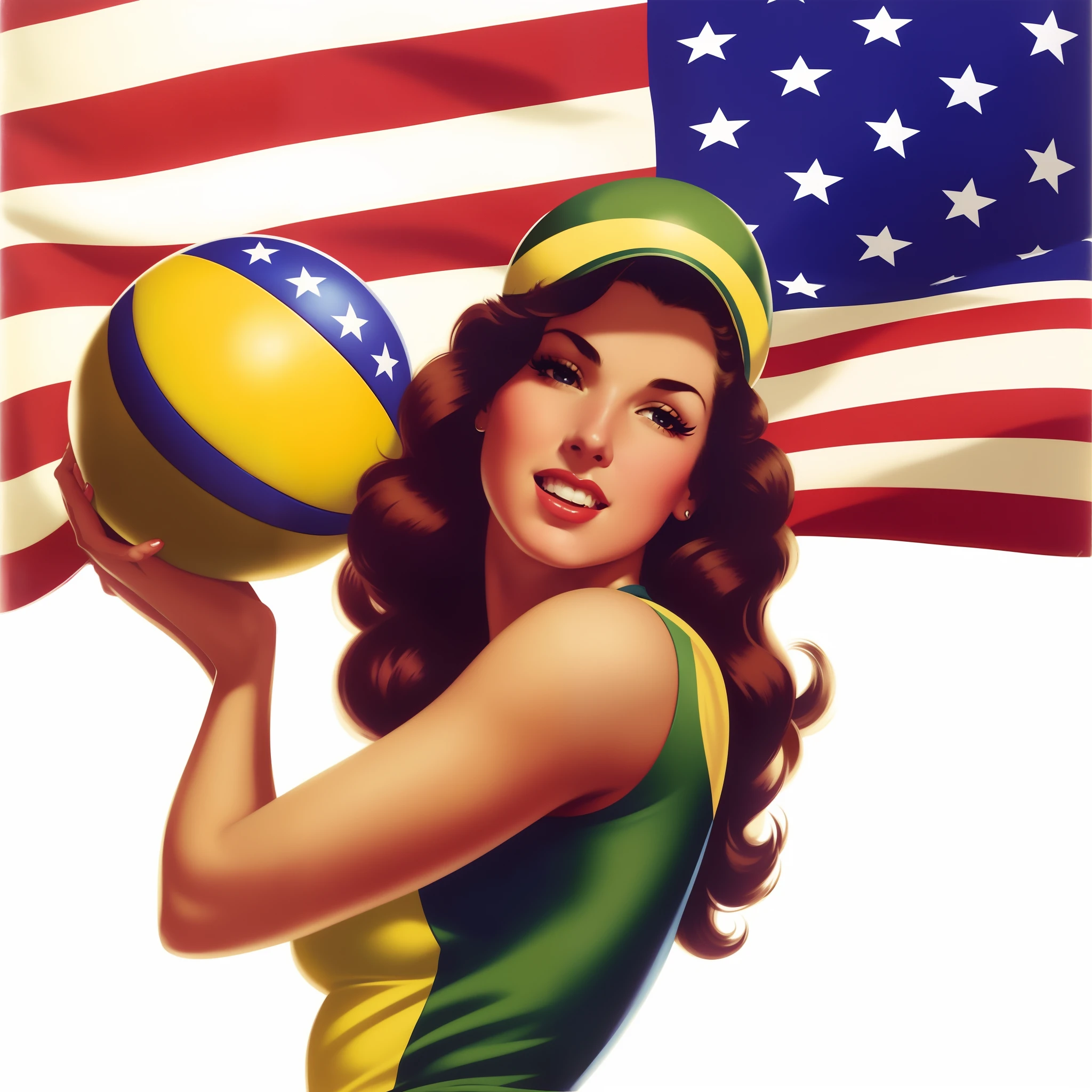 Close-up of a woman holding a ball and a flag, American volleyball, American postcard art style, Artgerm and Gil Elvgren, pinup art, ( art fitzpatrick ), Stylized digital illustration, gil elvgren style, pin-up poster girl, author:Alberto Vargas, author:gill elvgren, vintage illustration, pin-up, pin - up