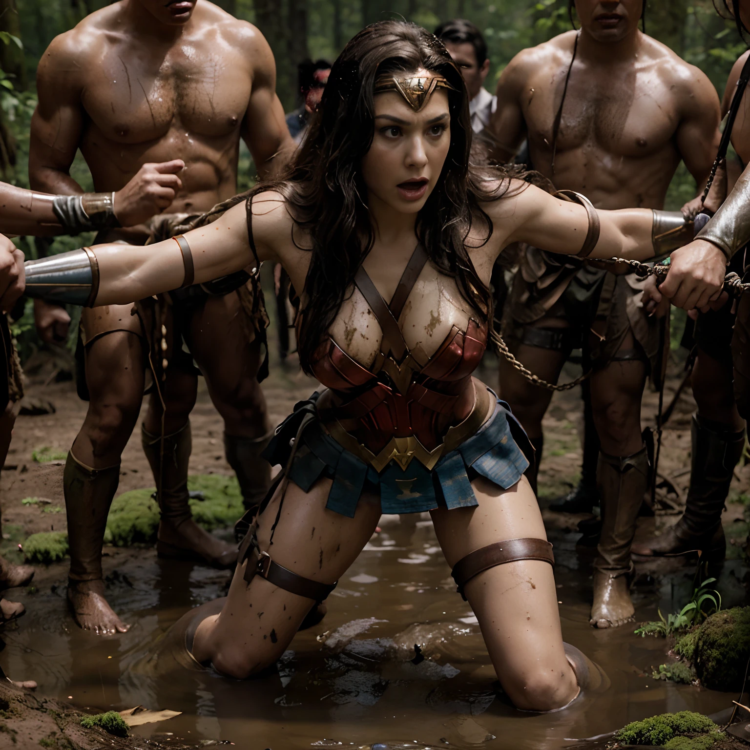 Wonder Woman with skirt surrounded by a group of men. She standing restrained in some way, such as being tied up, chained, or shackled on tree. Her facial expression can be serious or intense, as she struggles against her restraints. The image can convey a sense of danger, as well as no the potential for Wonder Woman to escape or otherwise overpower her captors. Full body, BDSM, nipple, wet body, squeeze breast, in the dark forrest, mud, moss.