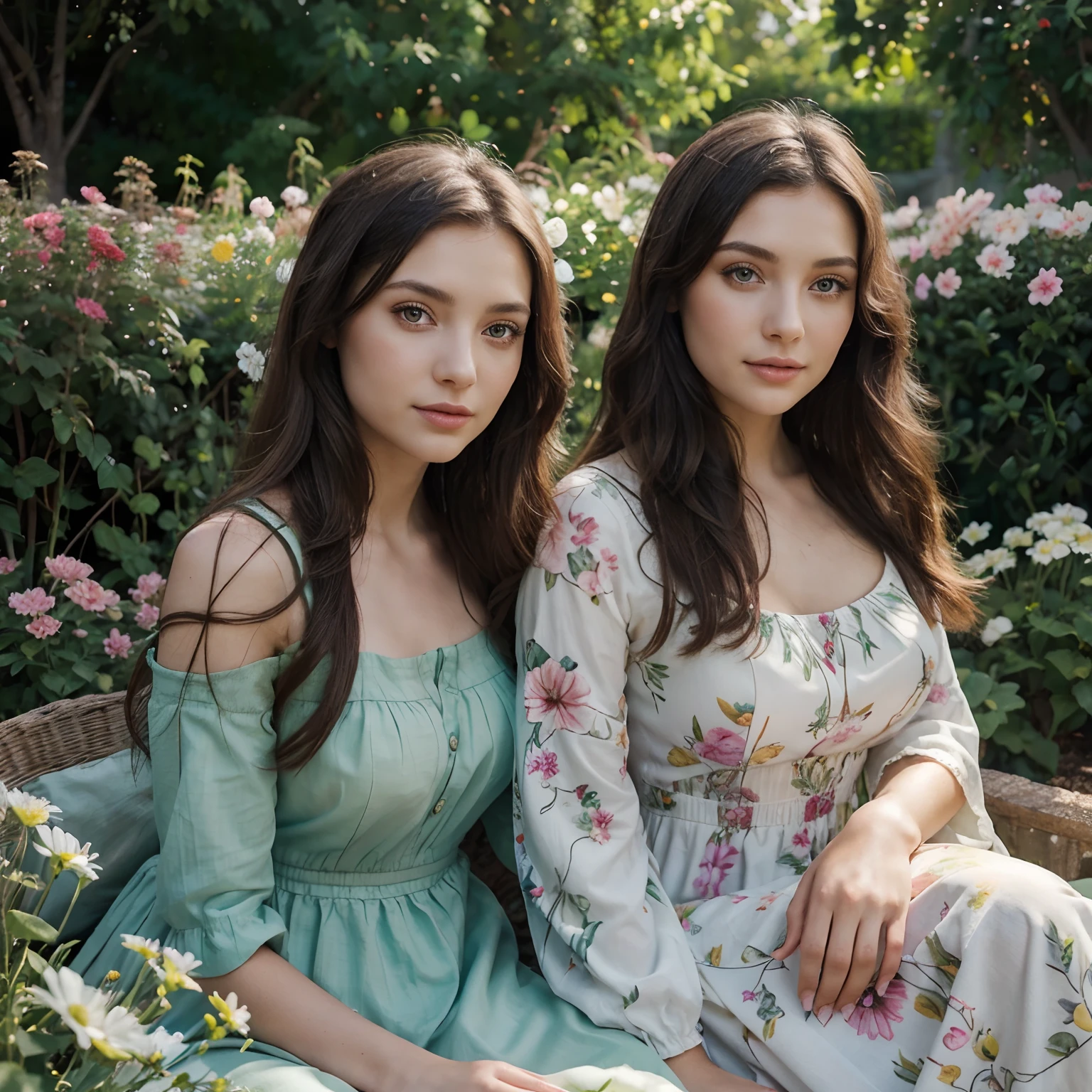 (best quality,realistic),green-eyed brunette,2girls,beautiful detailed eyes,long dark hair,eyelashes,soft skin,two girls in a garden,flowing dresses,feminine poses,colorful flowers,painting-like illustration,vibrant colors,warm sunlight,bokeh effect