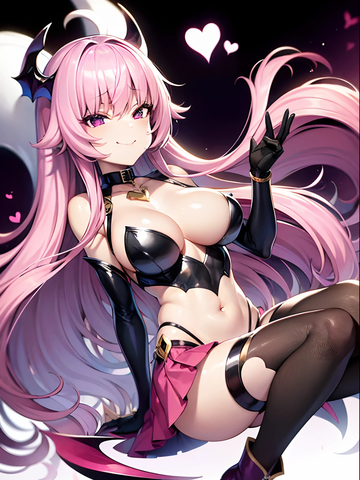 Character Sheet, Highly detailed and realistic CG, Colorful, masutepiece, Best Quality, Eyes Like Gems, 1girl in, Solo, Pink hair, Shiny hair, Long straight hair, slender, Skinny Legs, Succubus Costume, Layered mini skirt, Luxury Boots, violet eyes, Large breasts, under the boobs, separated sleeves, Smirk, Smile, Jitome, Half-closed eyes, Tsurime, Simple background, Open mouth, From Gonzo, Top quality eyes, tusk, Tsundere, stylish pose, floating, Jumping, (Shiny skin:1.2), Succubus headdress, Succubus Wings, Succubus tail, Heart Choker, Navel, nabel, mesugaki, Teasing the, smug, GenshinImpact,