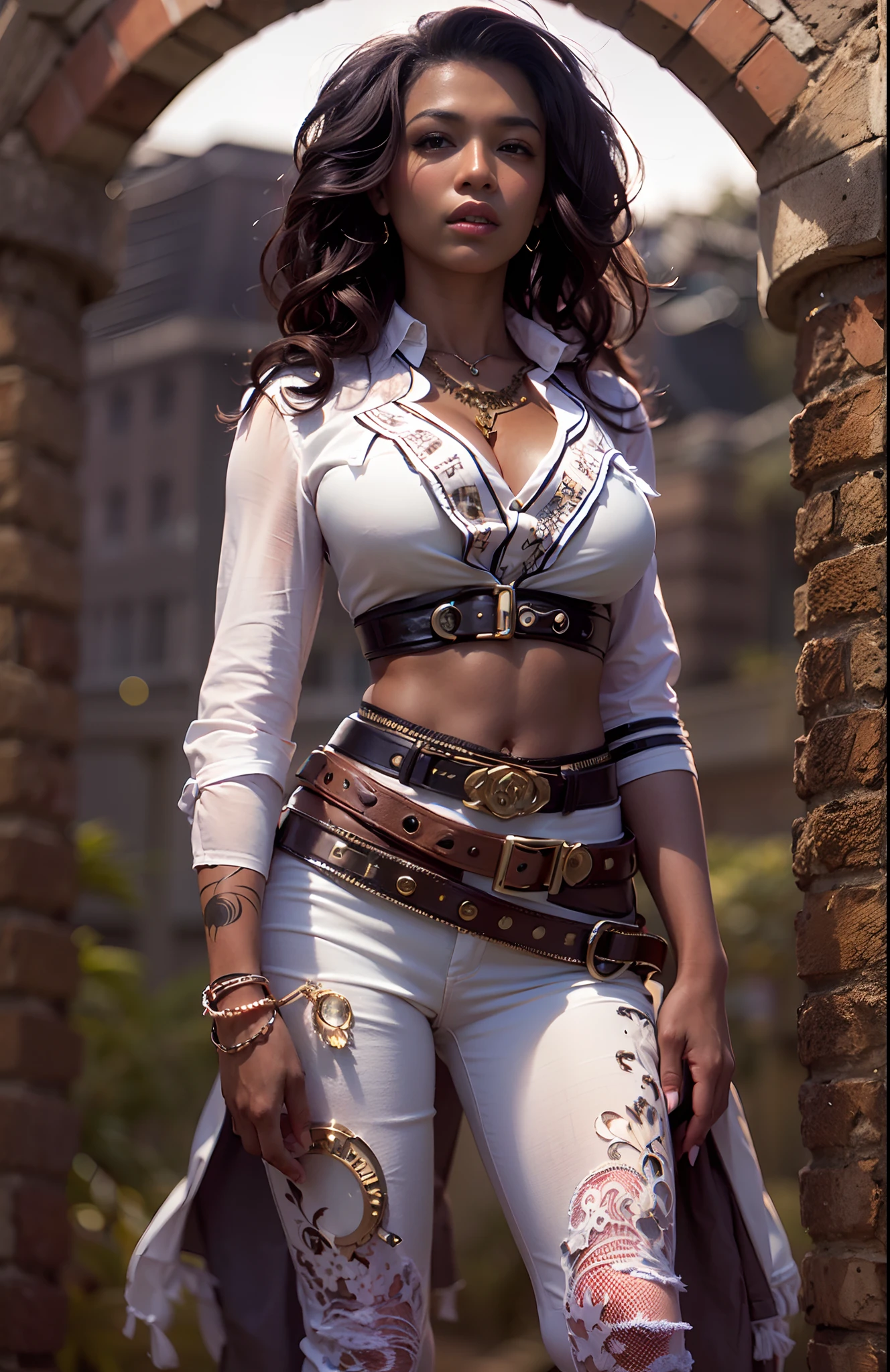 ((21-year-old))) black girl, (((light skin))),  (((close-up full body pose))),  (((long wavy black hair))), (((silk thigh highs))), (((wearing steampunk clothing, short sleeve white shirt, unbuttoned half way))), african tribal tattoo sleeve, dark fantasy art, Rich, Deep Colours, (intricate details:0.9), (HDR, hyper-detailing:1.2), (natural skin textures, hyper realisitc, soft light, Sharp),