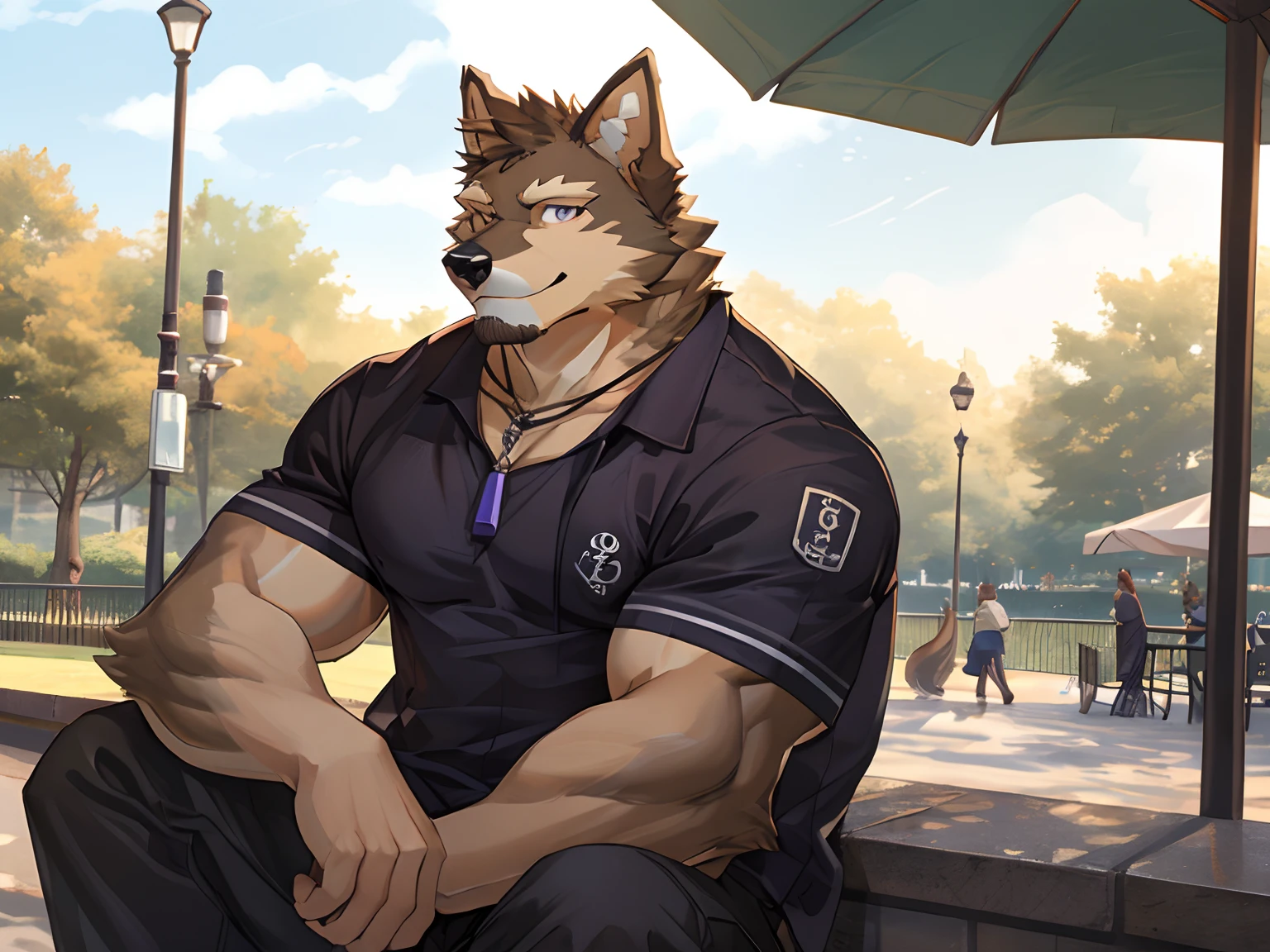 Pubraseer, Furry German shepherd dog, Brown Furs, Two Toned Colors, Purple Detailed Eyes, Muscular body, handsome, good looking, Casual Set, Smirking, cool pose, Park Background
