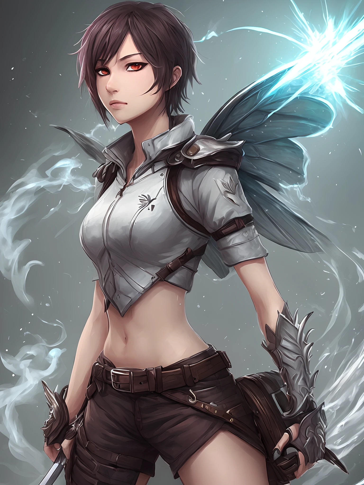 A human with butterfly wings and a shortsword that acts as a portal. Also have the character's right eye glow red and have the sword emit smoke from the blade.