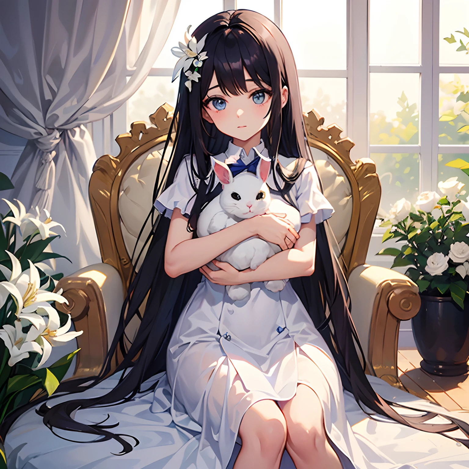 Capa de um manhwa onde uma menina muito pequena sentada em um trono vermelho. A garotinha tem cabelo azul-escuro curto com franja, cabelo no ombro com franja. Around the girl there must be several white lilies. The girl possesses a sweet expression as she hugs a stuffed rabbit with diamonds in her eyes. garotinha vestindo um vestido branco rendado e sapato branco com flor rendada. Olhos cinzas