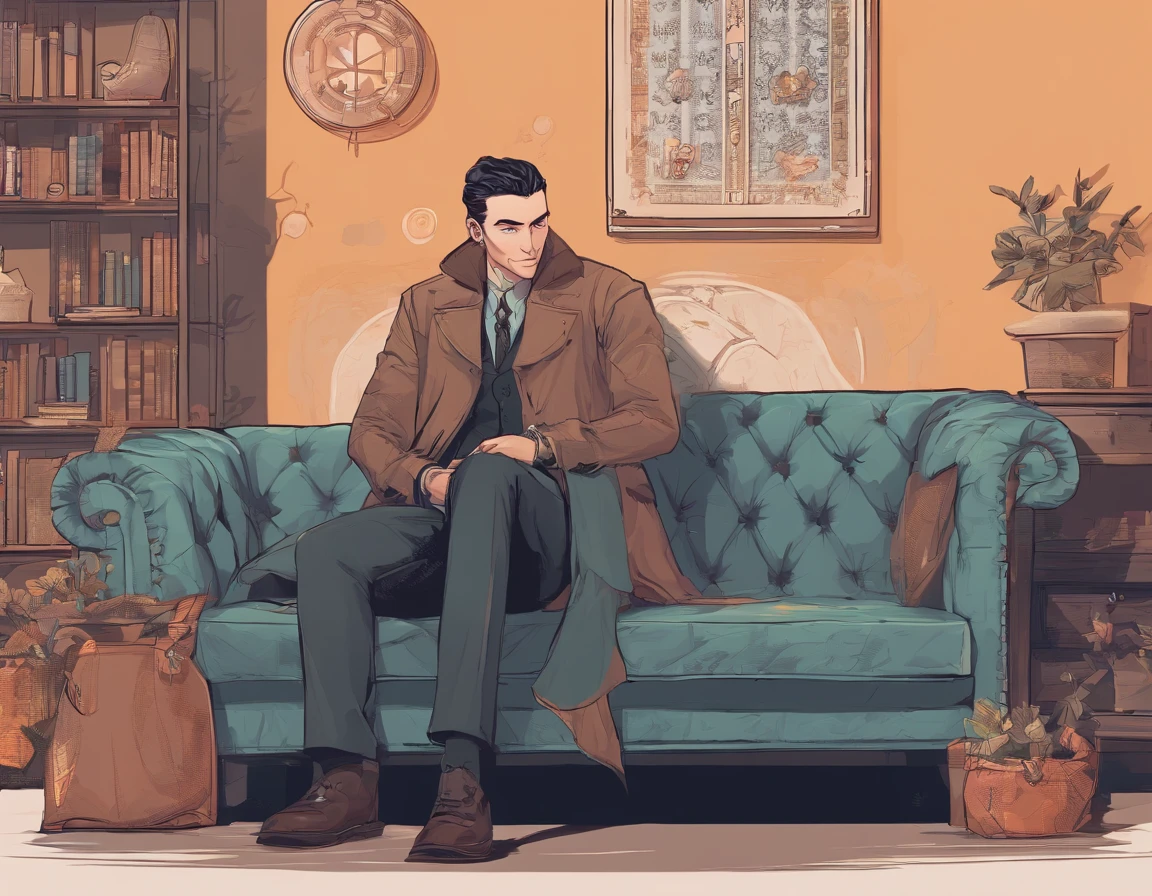 8K, Best quality, Masterpiece, 超高分辨率, (Realism: 1.4), Original photo, (Realistic skin texture: 1.3), (filmgrain: 1.3), sofe，lovecraftian style，1male people，wearing a trench coat，Thin，handsome，Sit on the couch，Pick up the axe，looking at viewert，The expression is cold，lovecraftian style，lovecraftian style，lovecraftian style，lovecraftian style，lovecraftian style