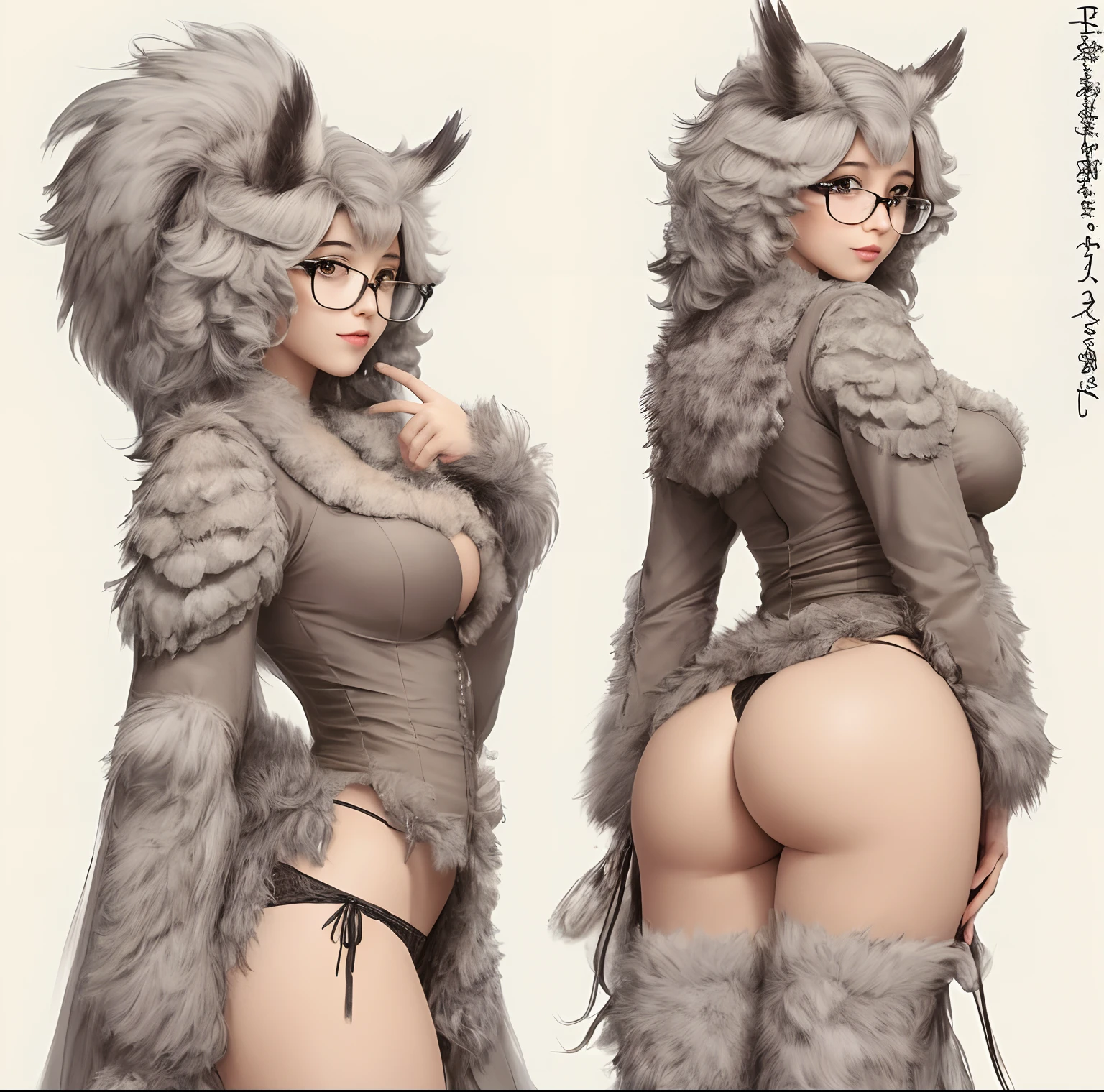 Fluffy, owlfolk, humanoid, female, sexy, nice ass, sketch, glasses