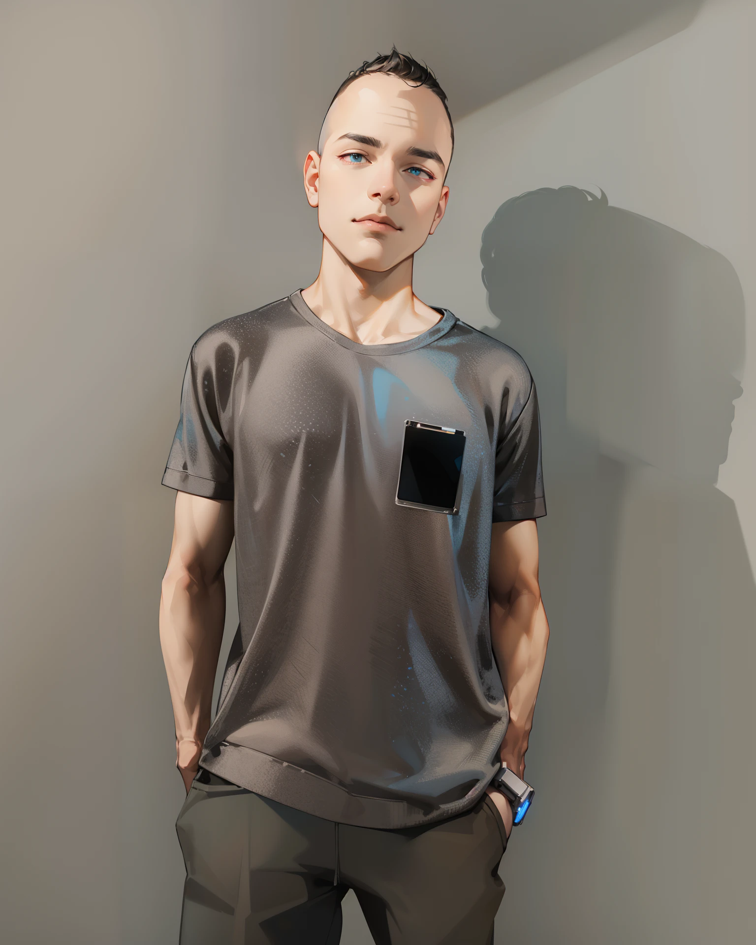 (absurdres, highres, ultra detailed), 1 male, mature, manly, tall muscular, handsome, finely detailed eyes, intricate details, portrait, looking at viewer, solo, half shot, detailed background, detailed face, (1980s synthwave theme:1.1) high-tech futuristic hacker, smirk, advanced technology, hoodie, techwear, wearable device, keycard, cables, (holographic display:1.05), computer, password, control panel in background, blue lights, dark sinister atmosphere, shadows,