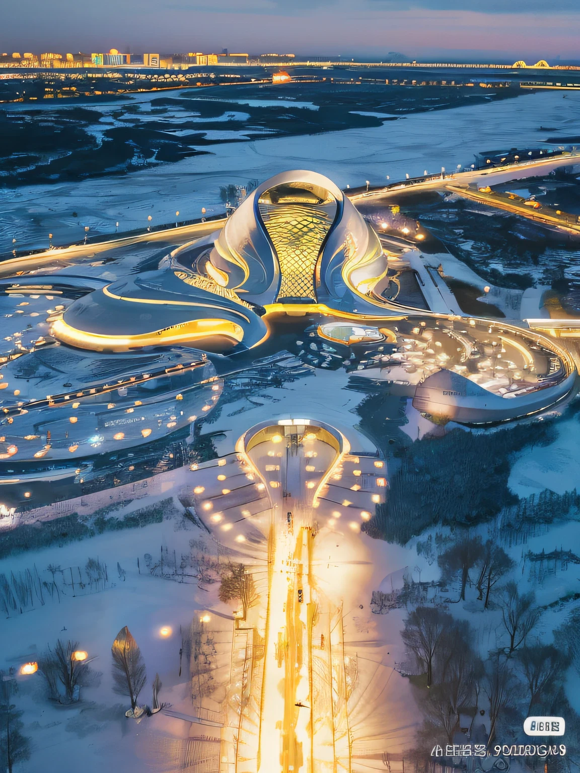 A view of a large building，There are a lot of lights on it, inspired by Zha Shibiao, city of the future in russia, author：Chass is silent, russian city of the future, zaha hadid style architecture, Zaha Hadid architecture, beautiful russia of the future, photo from 2022, epic lighting from above, lit from above，8k