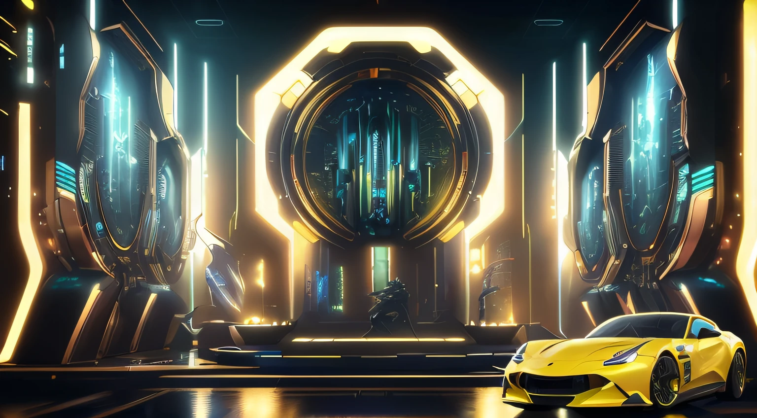 A yellow sports car is parked in front of the stage，Stage set, Futuristic setting, surreal sci fi set design, futuristic casino, 8 K high detail concept art, concept art 8 k, 8 k concept art, concept design art octane render, 8k concept art, cgsociety award, metaverse concept art, nvidia ray tracing, 8 k cg render