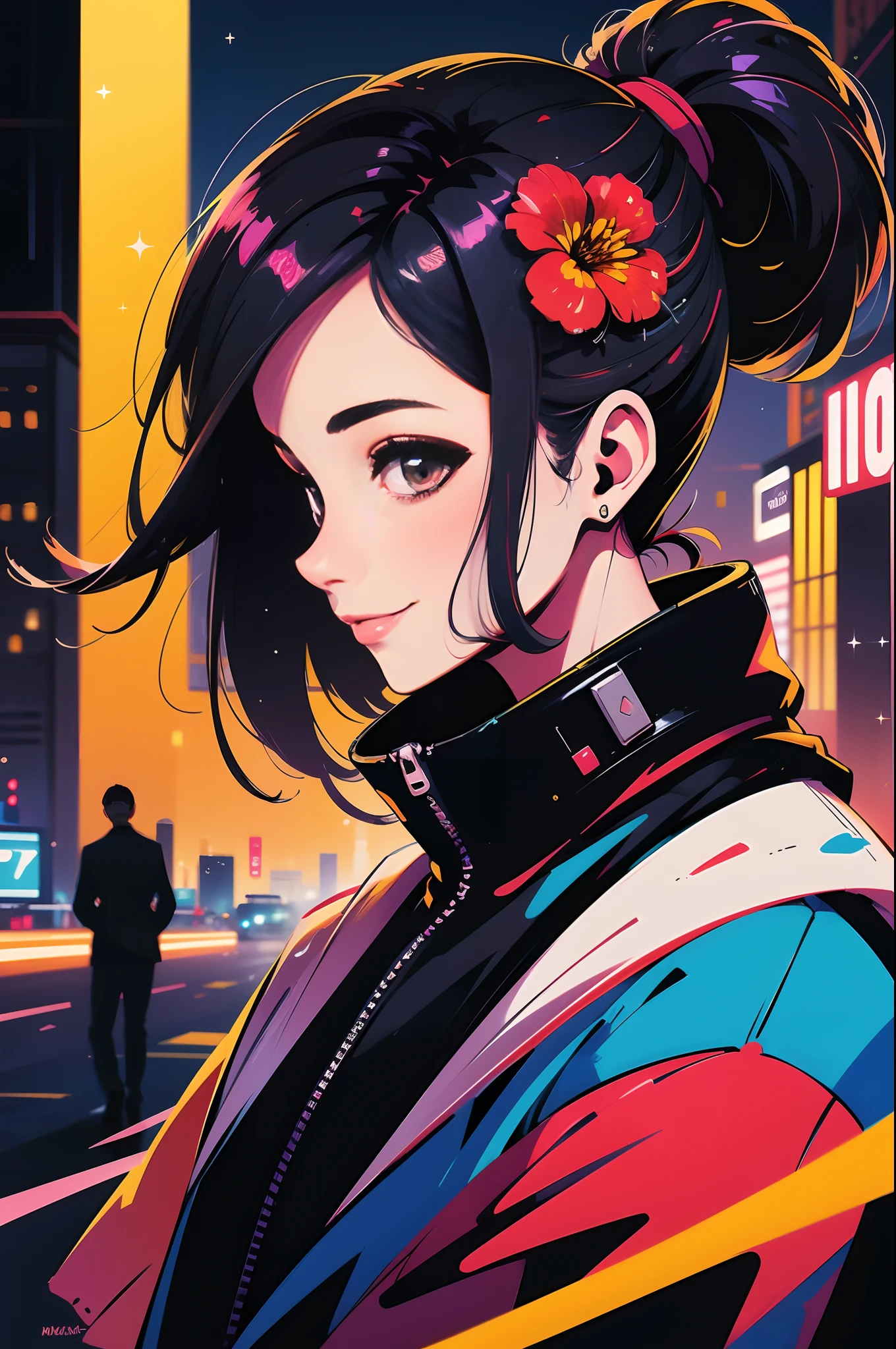 mulher de cabelos pretos estilo cyberpunk, cidade de fundo de noite, low ponytail, hair flower, dashed eyes, nervous smile, Action painting, cinematic lighting, sparkle, anatomically correct, masterpiece, high quality, high details, best quality