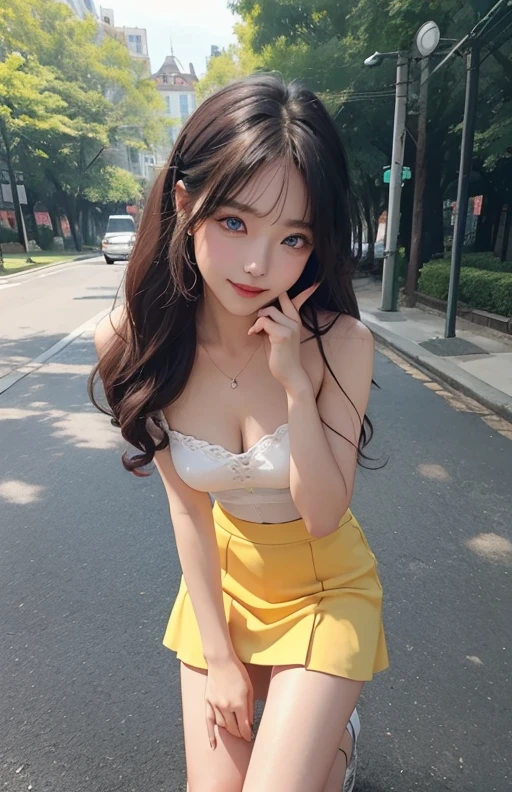 top-quality、masterpiece、超A high resolution、Photorealsitic、Raw foto、1girl in、Sexy appearance、Hair all the way past the shoulders、The lower half is curled and sauvage、Cute smile like a model、frontage、Bright smile、Delicate face、Hair color is pink、Tight yellow mini skirt、Ordinary high heels、Eyes are double、Eye color is blue、Wearing mascara、Cute pose like a model、Clear face、Standing in a large park on a sunny day、