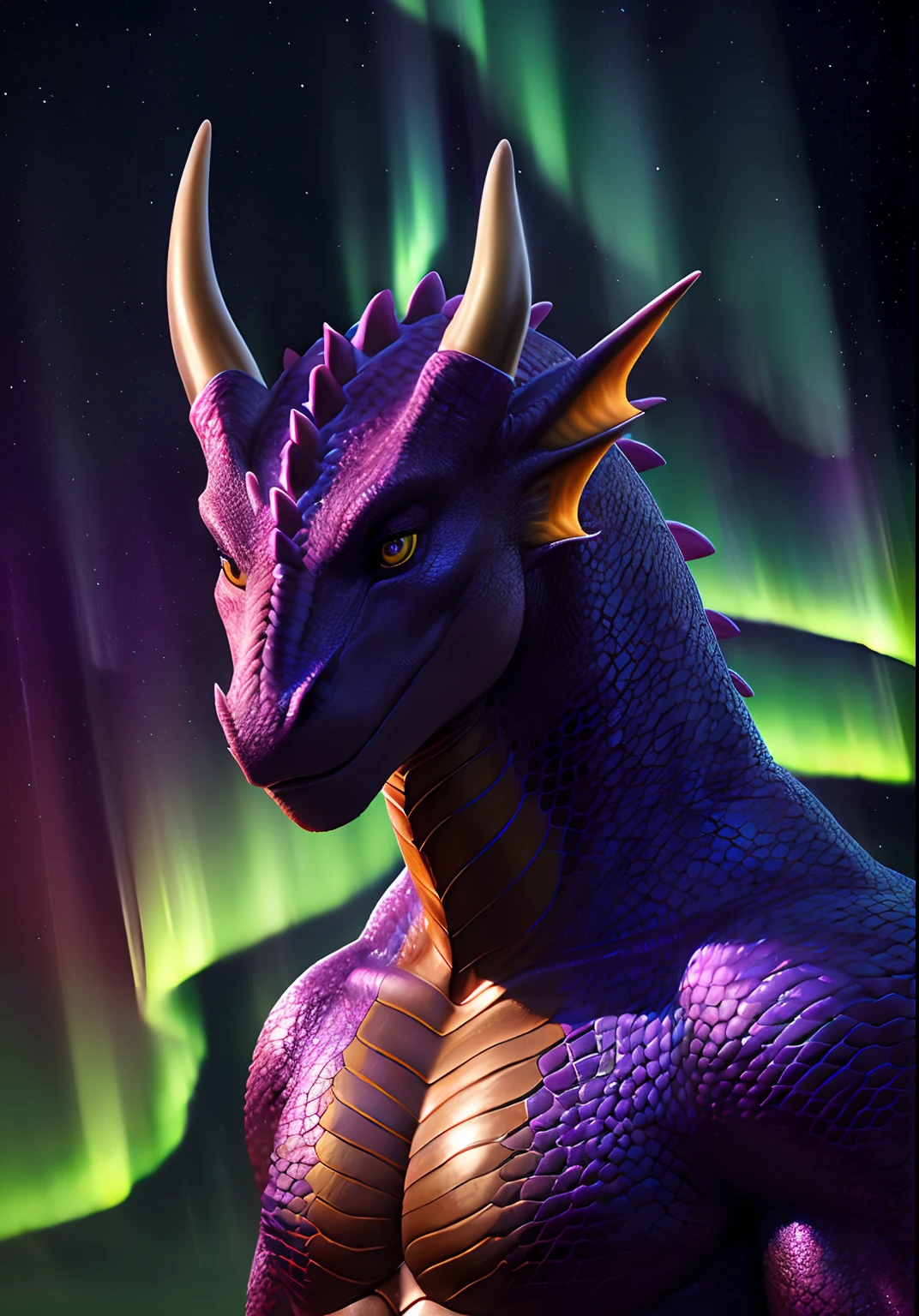 (best quality,4k,8k,highres,masterpiece:1.2),ultra-detailed,(realistic,photorealistic,photo-realistic:1.37),purple muscular sexy furry dragon,illustration,oil painting,3D rendering,dragon scales,sharp claws,majestic wings,intense gaze,fiery breath,aurora borealis background,ethereal lighting,lush landscape,vivid colors,mythical creature