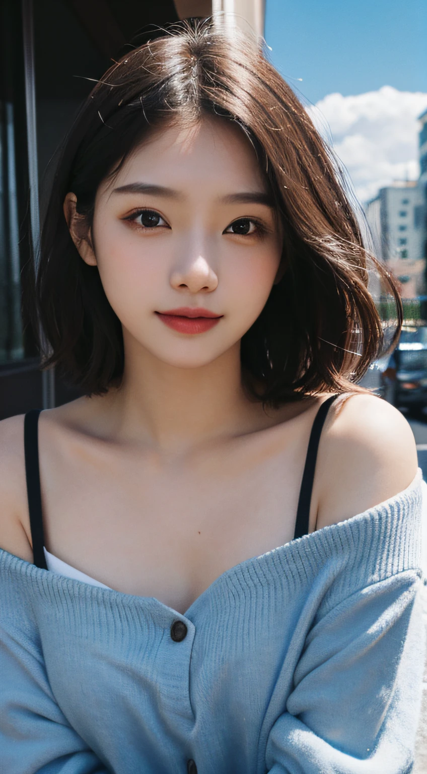 Look here and smile、best qualtiy， tmasterpiece， 超A high resolution， （realisticlying：1.5）， RAW photogr， 1girll，Inside the city。Under the blue sky、Summer clothes、off shoulders、 Sexy look， short detailed hair，（（best qualtiy，8K，tmasterpiece：1.3））），Clear focus：1.2，（layers-Cut，The large：1.2），Beautiful Women in Perfect Figure：1.4，Highly detailed face and skin textures，Detailed eyes，二重まぶた，