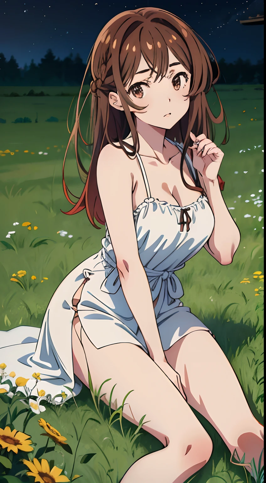 Draw the anime character Mizuhara from Rent-a-Girlfriend. Mizuhara has waist-length chestnut-brown hair with bangs and light brown eyes. Her hair is mostly let down except for a small braid on the right side of her head. She has fair skin and a slim, well-endowed figure with large breasts. Mizuhara is sitting on a open field in the night. Mizuhara is wearing a white dress and bare foot.