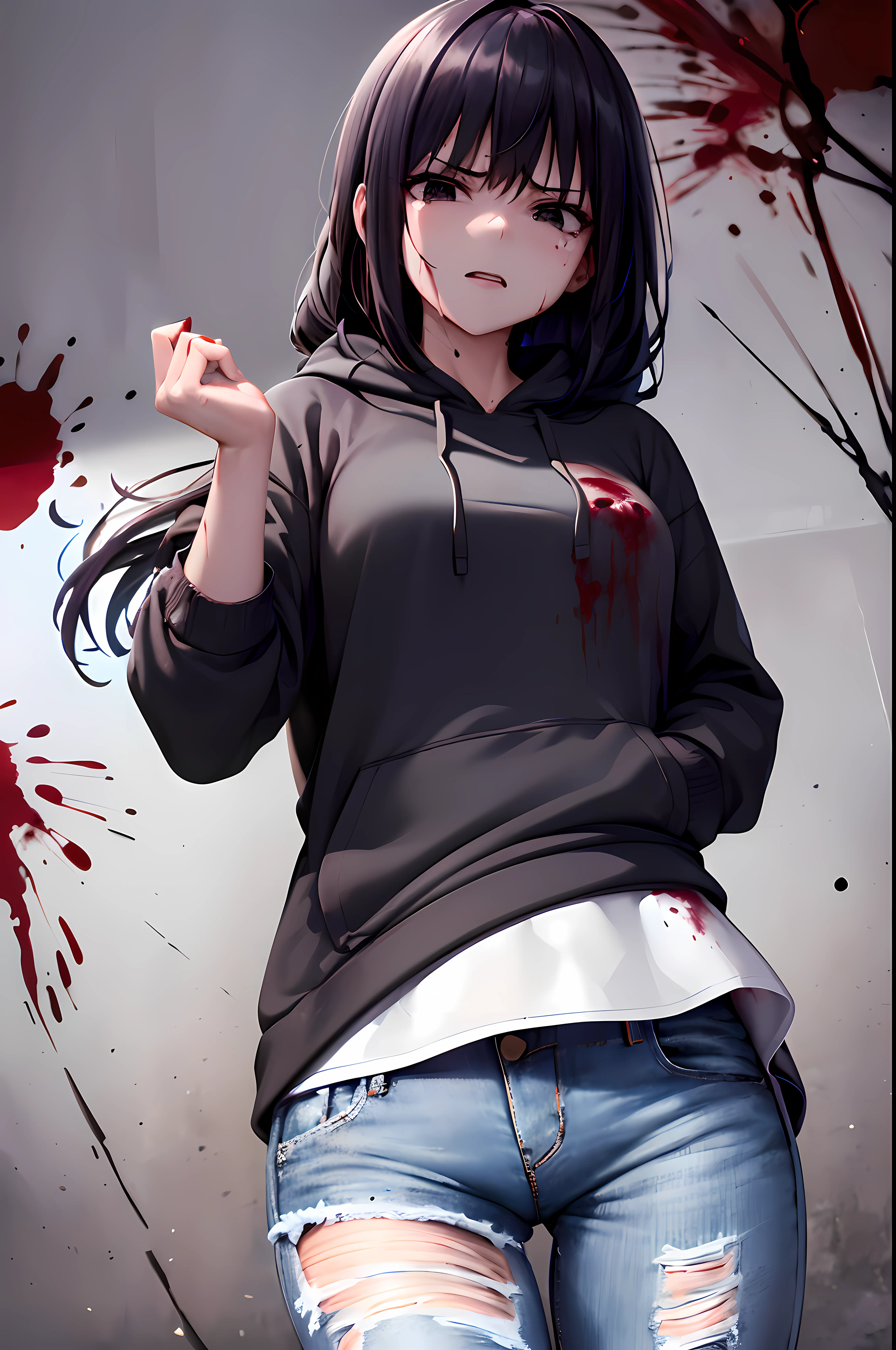 A girl with long black hair. The girl is slim, she has a black short blouse and blue pants. There are bruises and blood on her stomach.