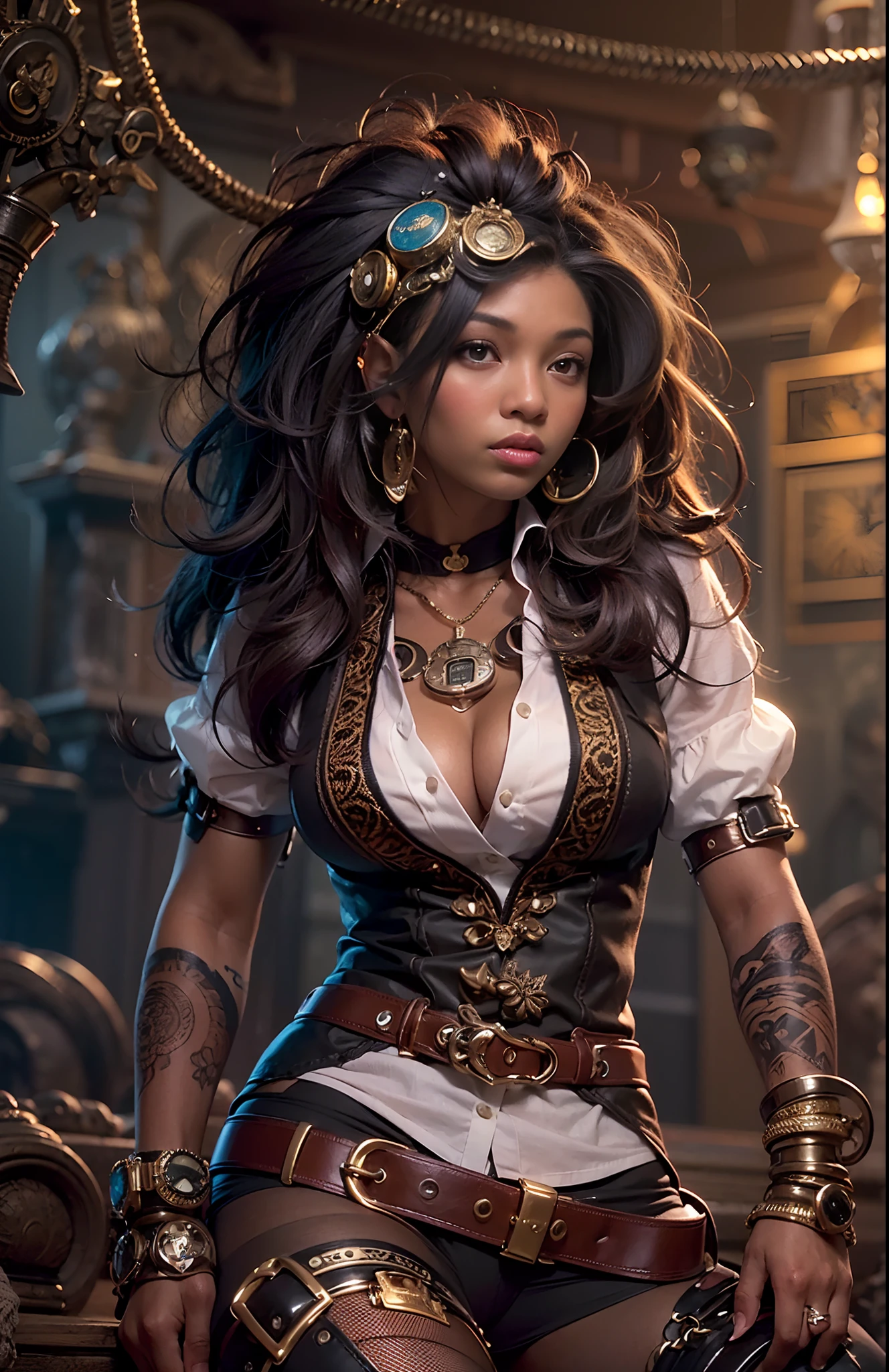 ((21-year-old))) black girl, (((light skin))),  (((close-up full body pose))),  (((long wavy black hair))), (((silk thigh highs))), (((wearing steampunk clothing, short sleeve white shirt, unbuttoned half way))), african tribal tattoo sleeve, dark fantasy art, Rich, Deep Colours, (intricate details:0.9), (HDR, hyper-detailing:1.2), (natural skin textures, hyper realisitc, soft light, Sharp),