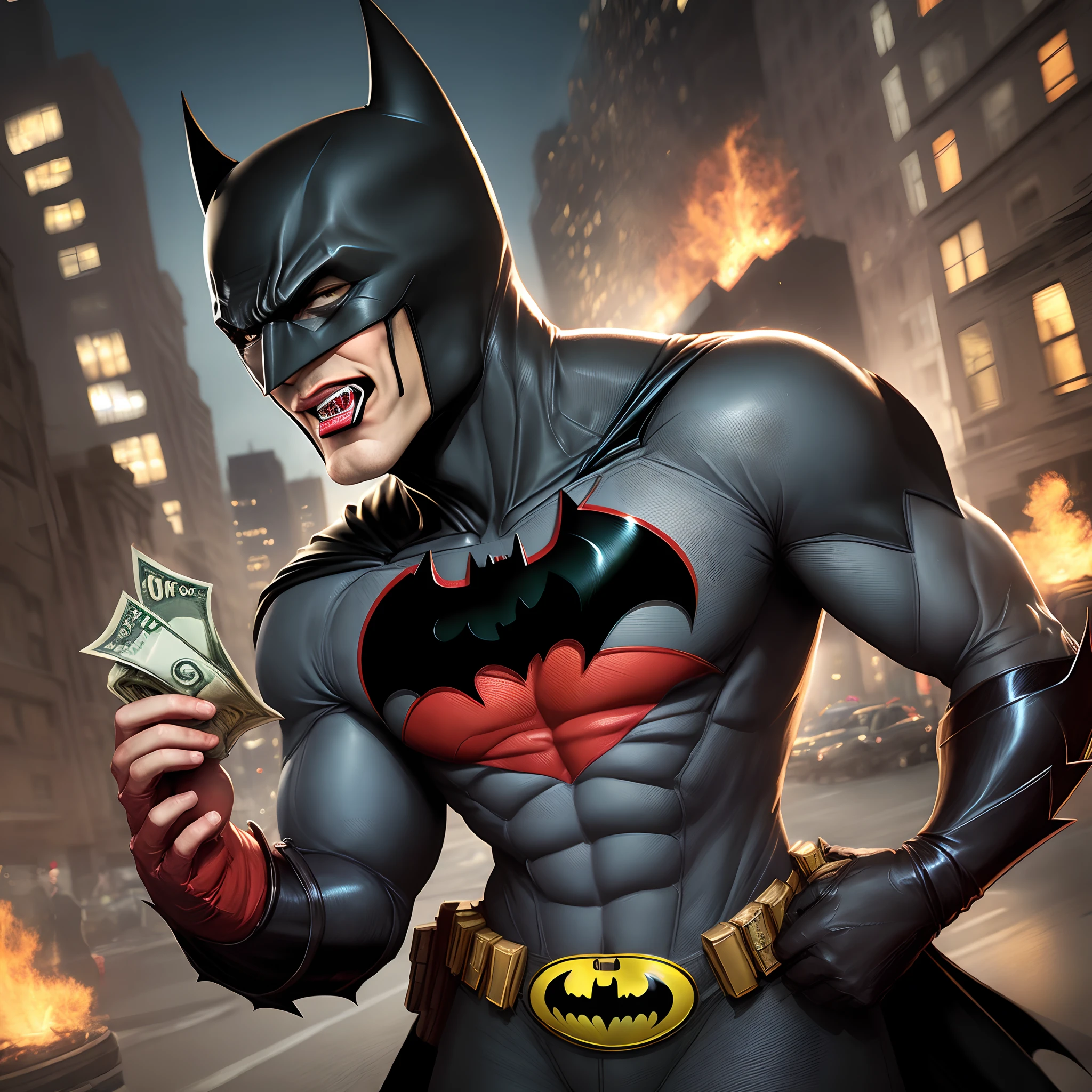 Realistic Batman spreading money with grillz