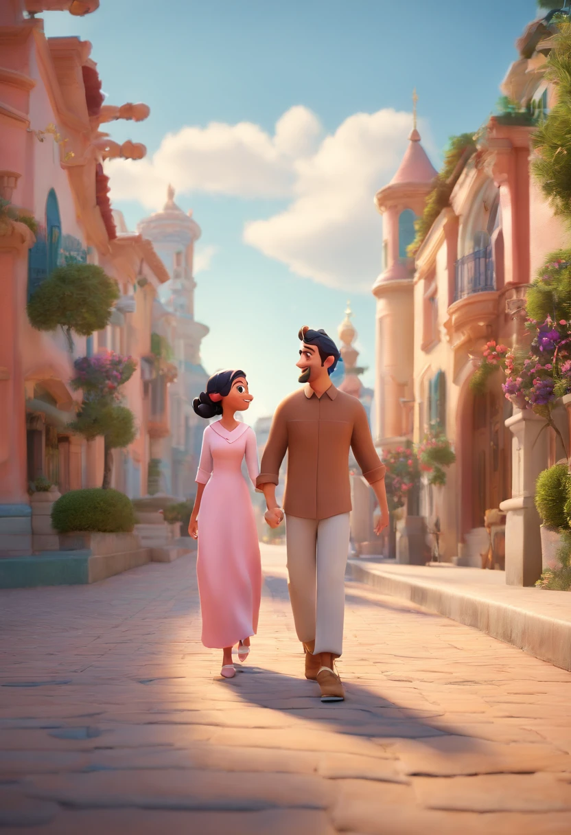 Disney pixar poster, couple of a hijab girl wearing white long dress and soft brown hijab and soft pink hight heels on her feet, with a black hair boy wearing white long shirt and long cream pants and white sneakers, holding hands,walking across the road on zebra cross in a heritage city, they are laughing together, 3D animations，Pixar， (best quality)(8k)