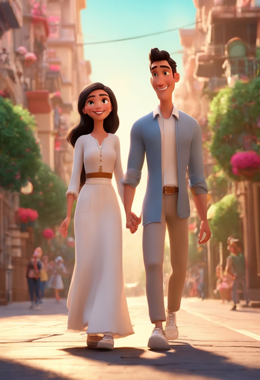 Disney pixar poster, couple of a hijab girl wearing white long dress and soft brown hijab and soft pink hight heels on her feet, with a black hair boy wearing white long shirt and long cream pants and white sneakers, holding hands,walking across the road on zebra cross in a heritage city, they are laughing together, 3D animations，Pixar， (best quality)(8k)