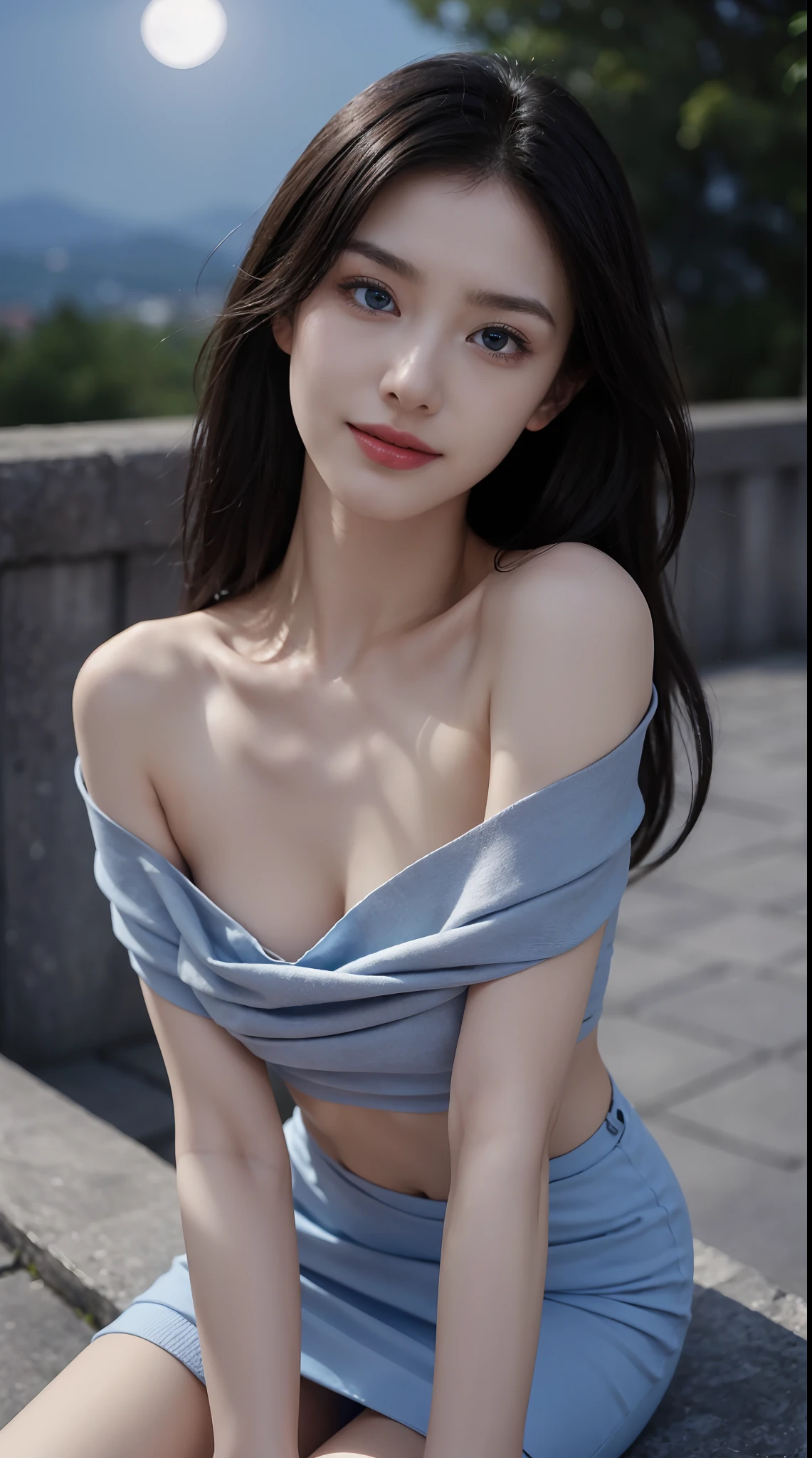 8K, Top quality, Intricate details, Ultra detail, 超高分辨率, Masterpiece, Random angles, Slender, Smile, (Makeup: 0.4), (Fluffy blue eyes: 1.21), Blue eyes, view the viewer, ((full bodyesbian)), 1girll, Solo, 1 girl, (( full bodyesbian)), Close-up Shot Shot, Sitting, in the side, ((Tall)), (((fit body))), (((Slim face))), sharpy face, Sharp eyes, (((Black hair, Long hair, )) (Detailed face), sharpy face, Small lips,
((Shawl)), Detailed face, detailed breast, , Large of breast, Detail butt, , Beautiful girl with accentuated slender abs: 1.4, sixpack abs: 1.4, Bust Botox, , Perfect body, Detail legs, (( Moonlight)), hilltop