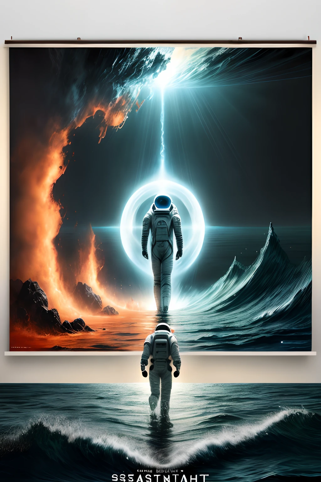 Masterpiece, Best quality,(filmposter:1.5,poster for:1.5,Movie title:1.5,charactor：1.5)，sci-fi themed，Astronauts walk on the water, Ocean, Sea, Ocean alien portal, The astronaut enters the portal,Mystic Light KA,Add more details